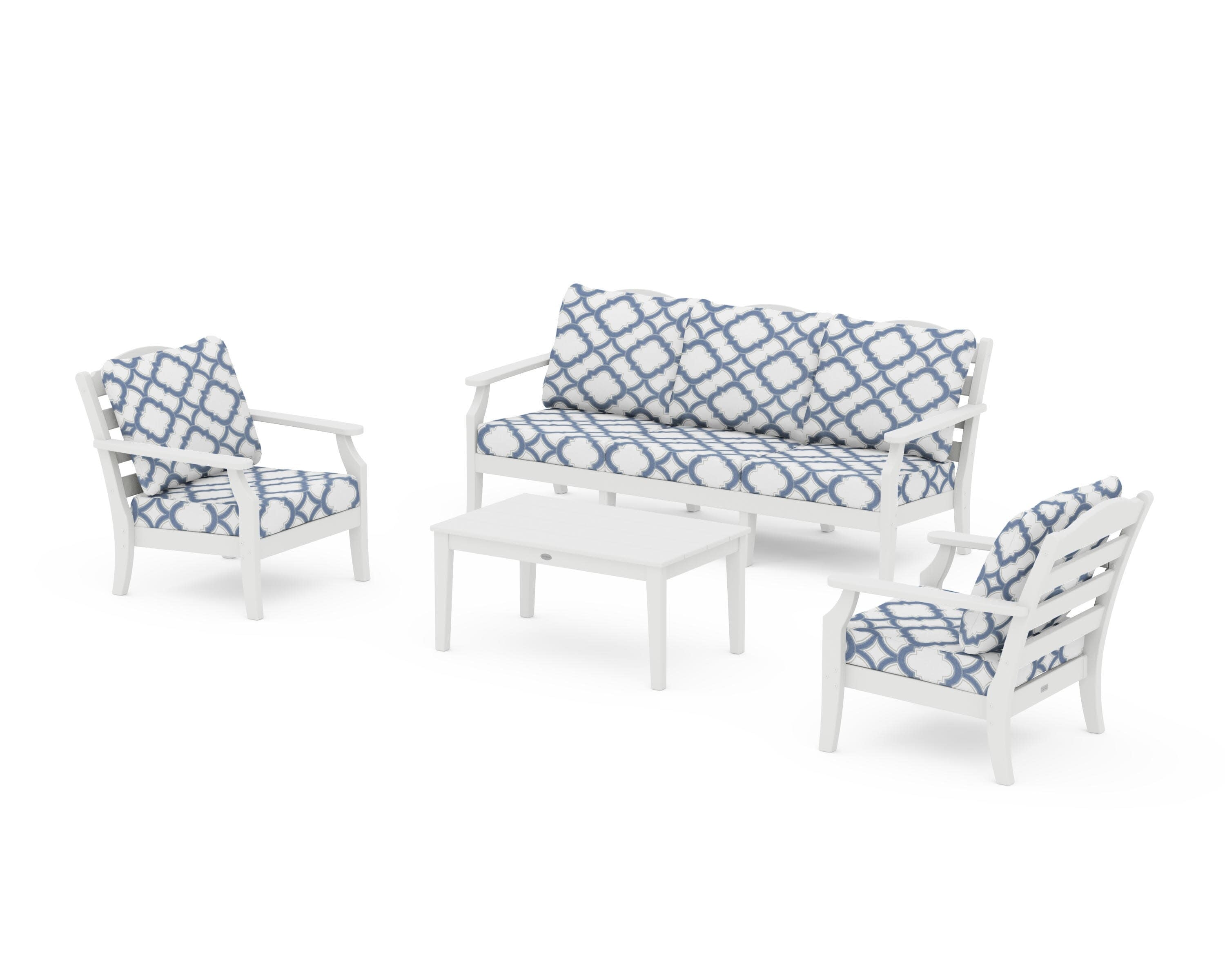 Savannah 4-Piece Deep Seating Set with Sofa in White / Trellis Sky Blue