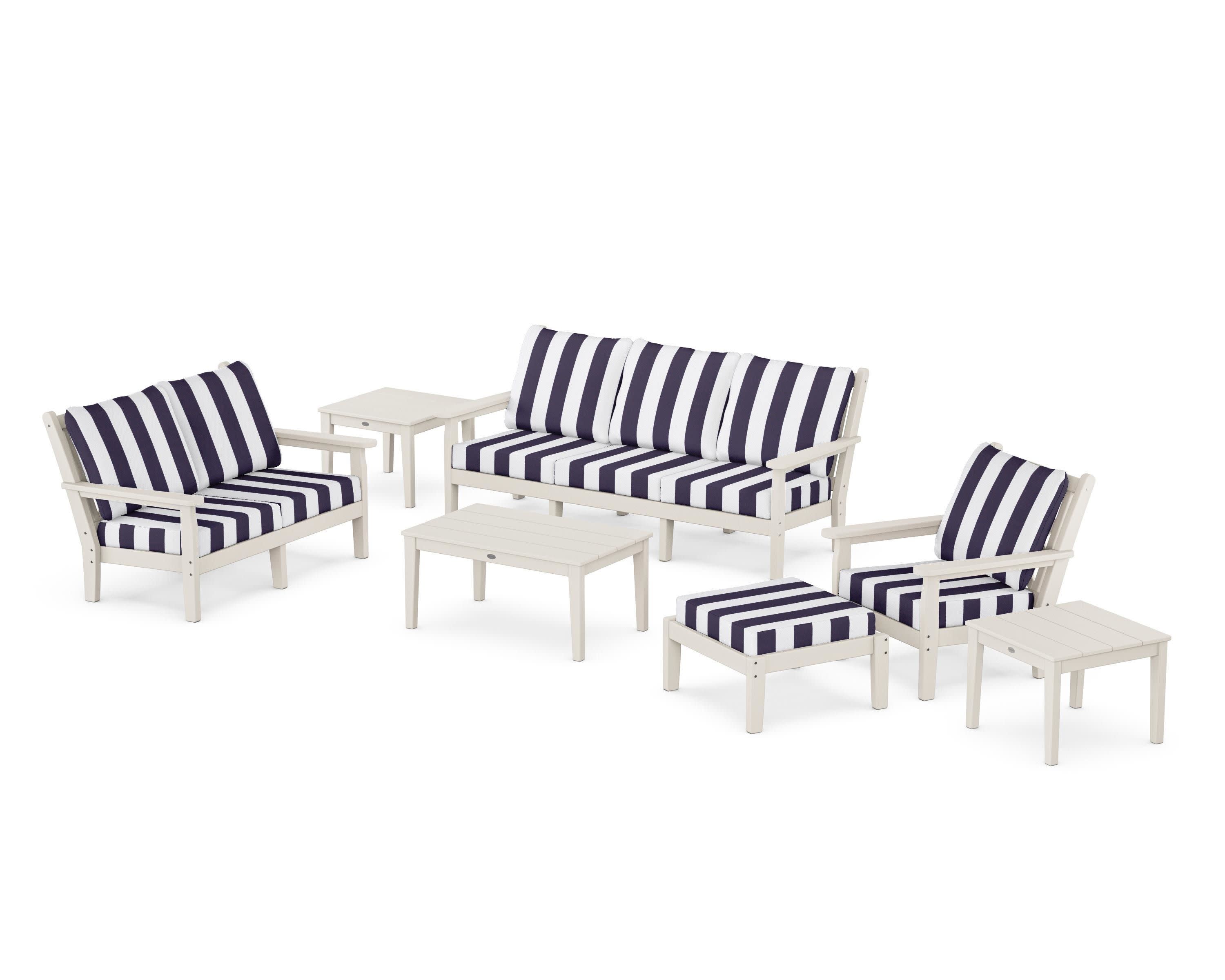 Chippendale 7-Piece Deep Seating Set in Sand / Cabana Stripe Navy