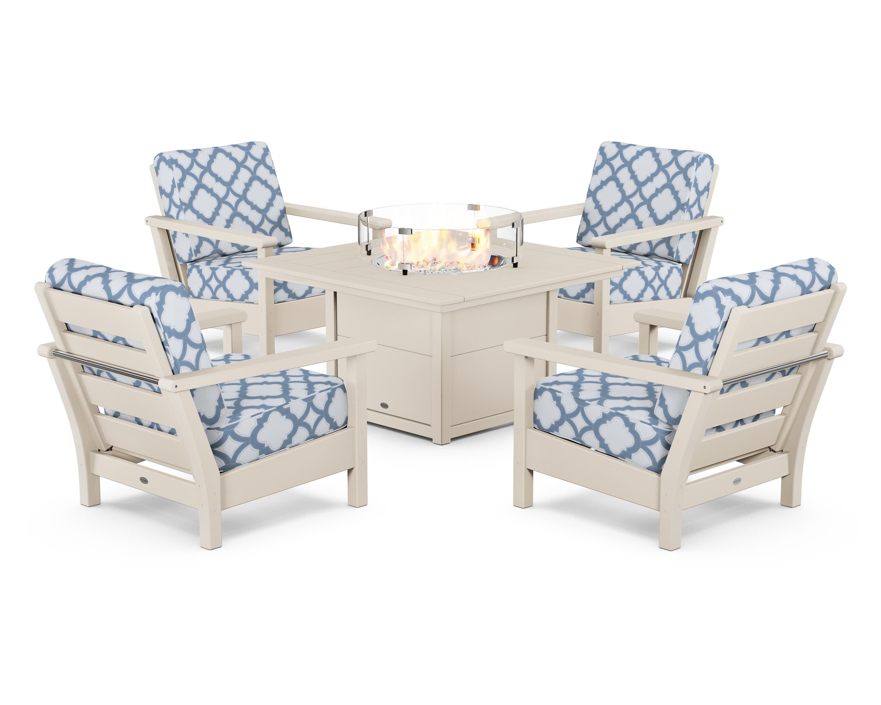 Harbour 5-Piece Conversation Set with Fire Pit Table in Sand / Trellis Sky Blue