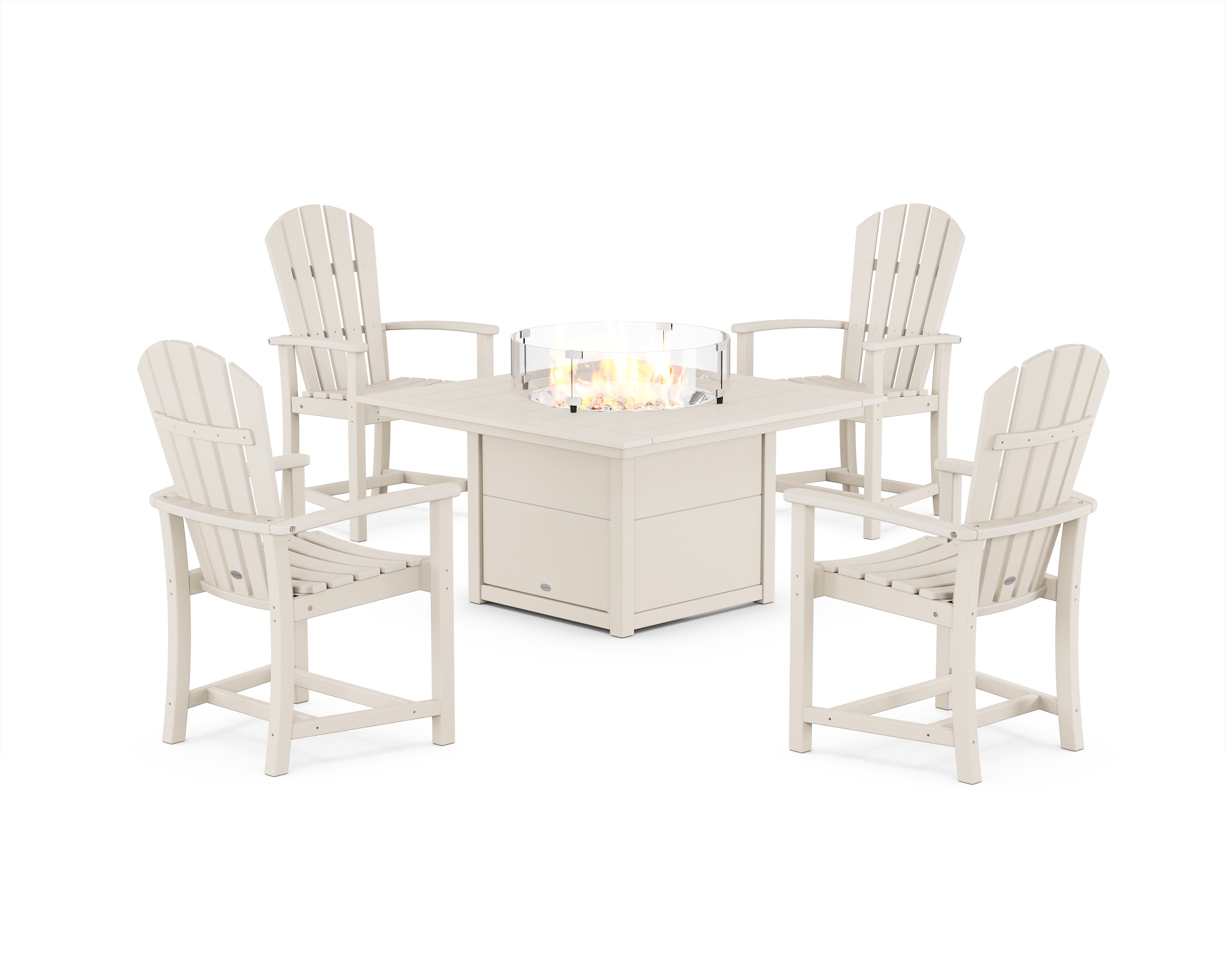 Palm Coast 4-Piece Upright Adirondack Conversation Set with Fire Pit Table in Sand