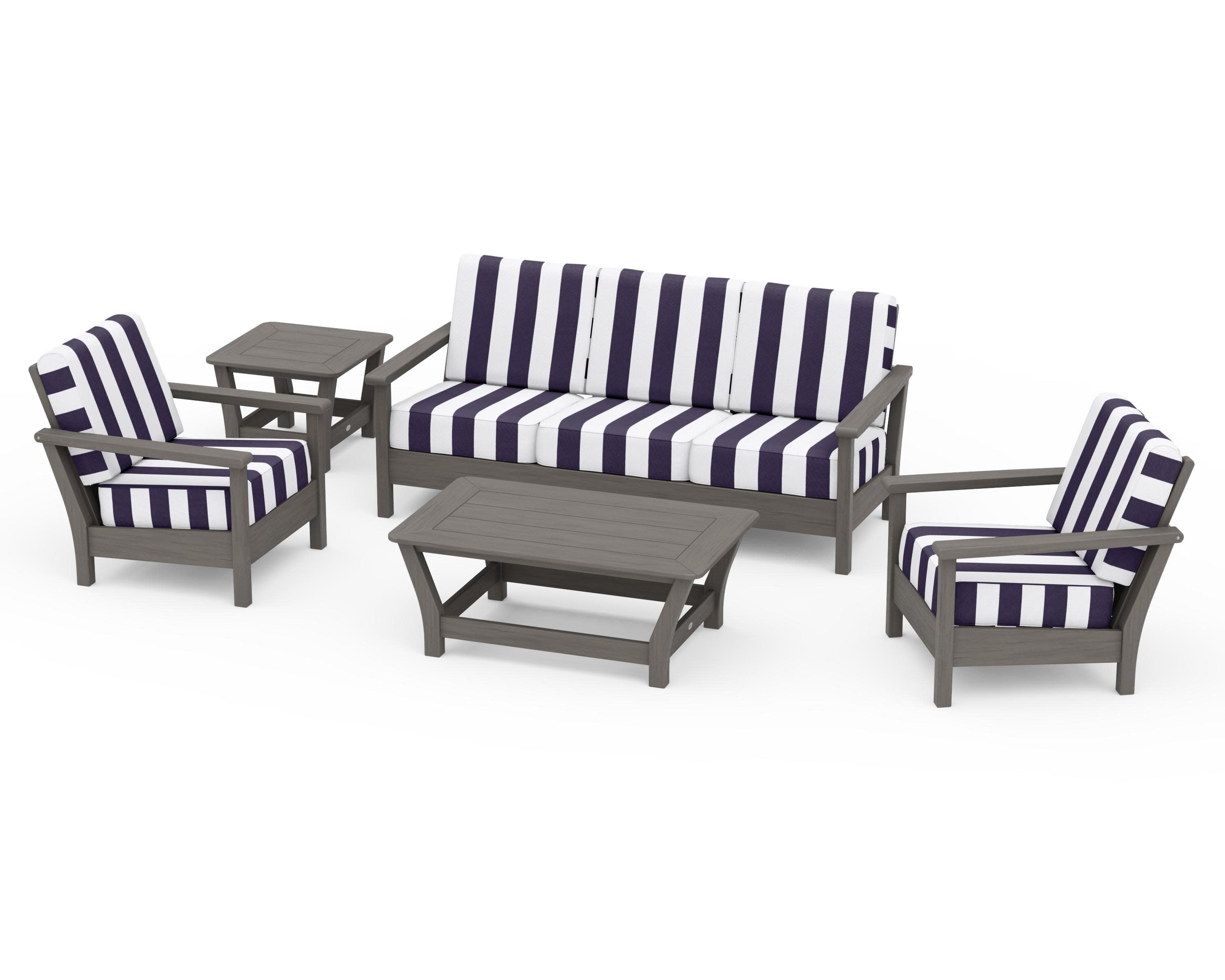 Harbour 5-Piece Deep Seating Set in Driftwood / Cabana Stripe Navy