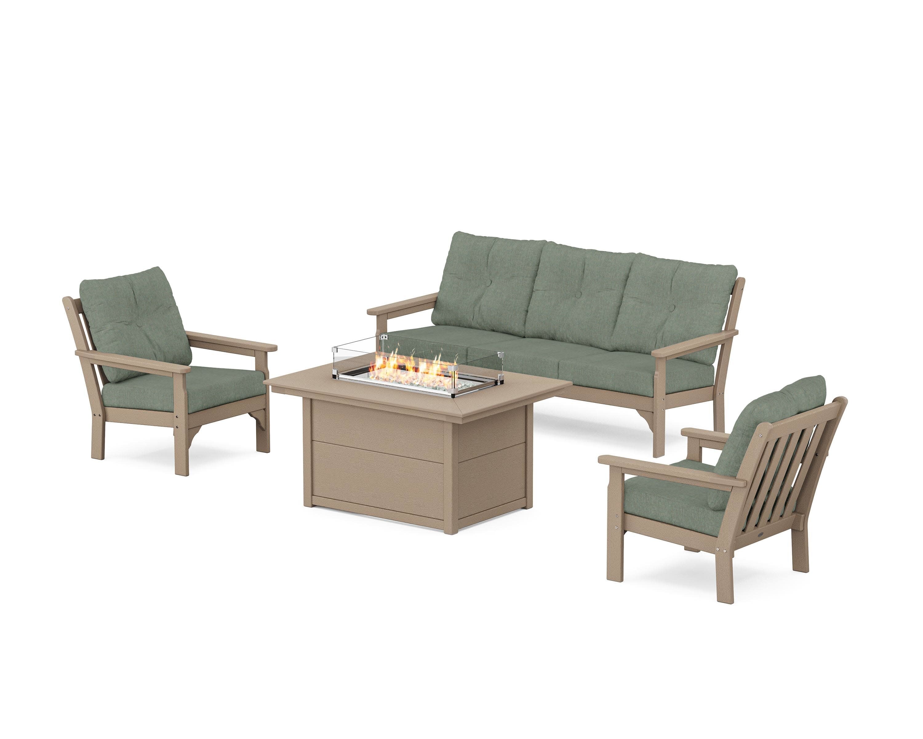 Vineyard Deep Seating Fire Pit Table Set in Vintage Sahara / Cast Sage