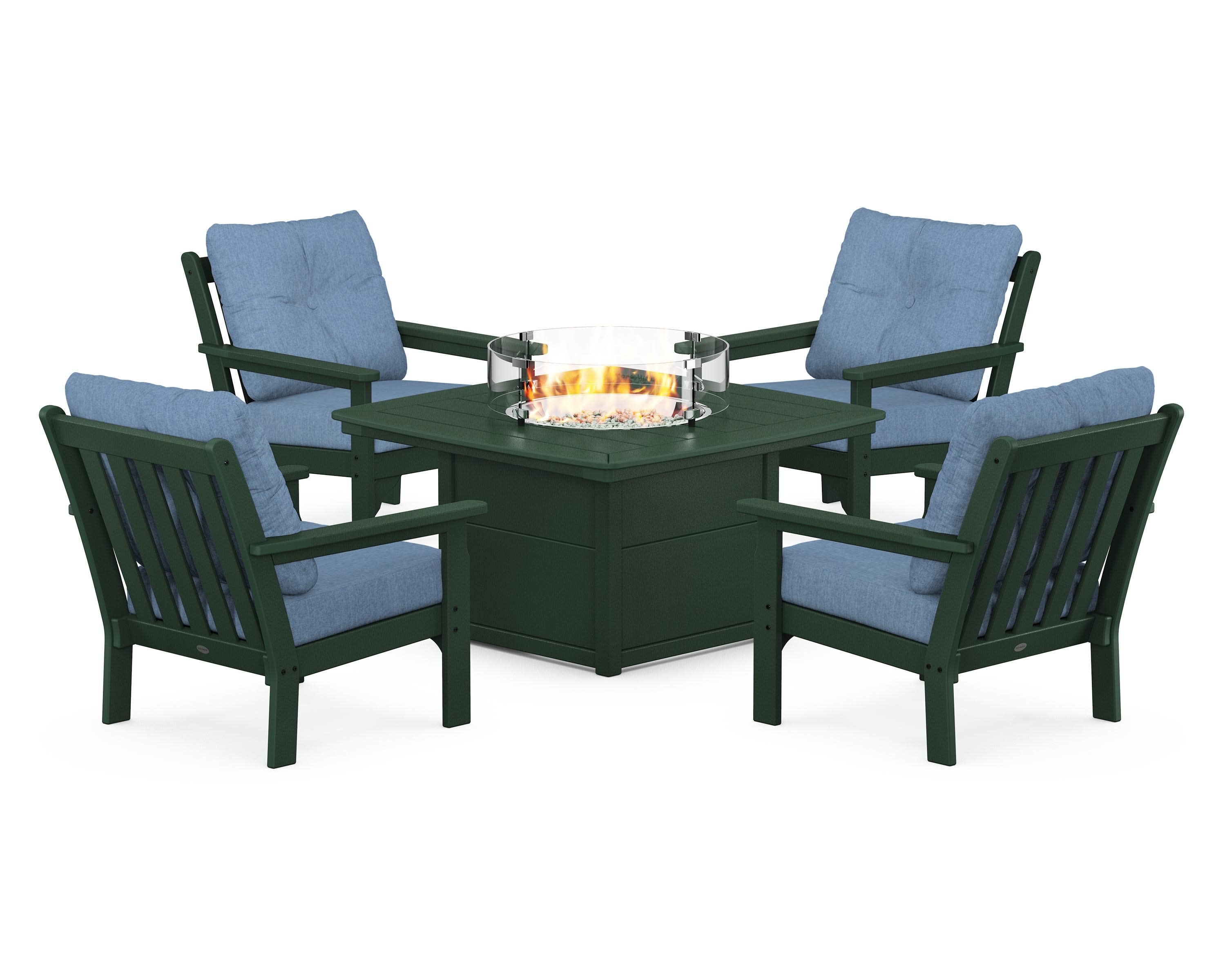 Vineyard 5-Piece Conversation Set with Fire Pit Table in Green / Sky Blue