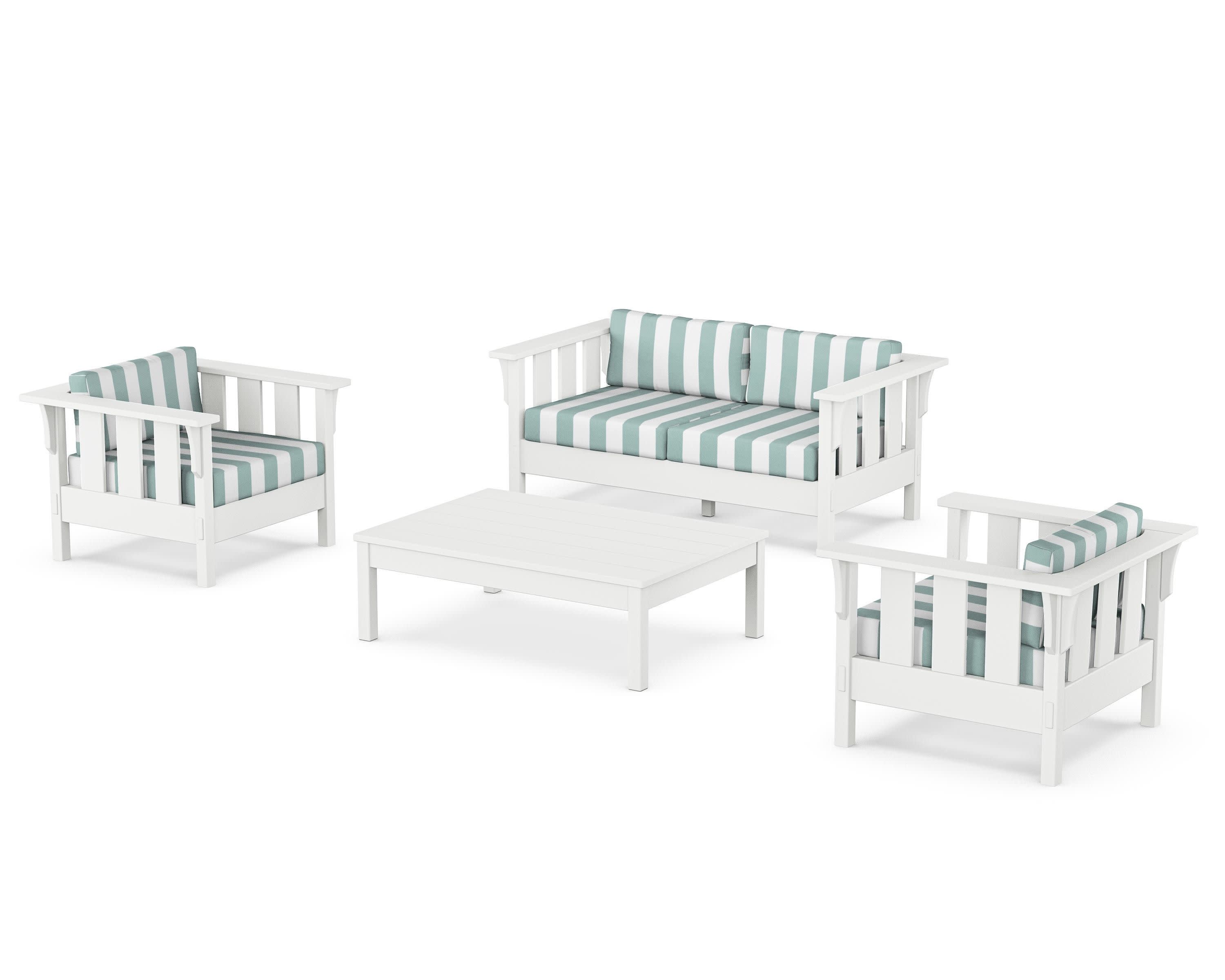 Acadia 4-Piece Deep Seating Set with Loveseat in White / Cabana Stripe Glacier Spa