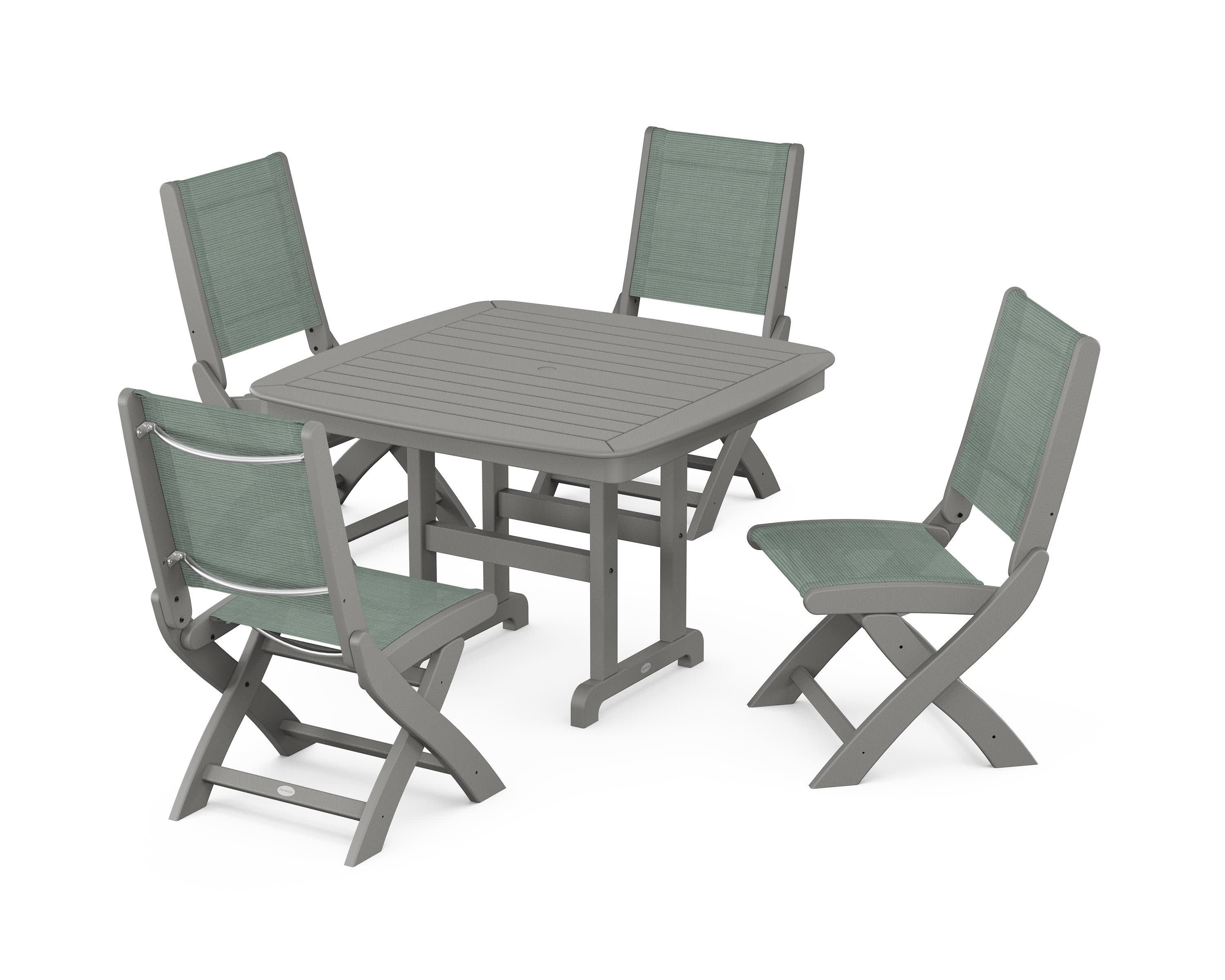 Coastal Folding Side Chair 5-Piece Dining Set in Slate Grey / Dupioni Sea Mist Sling