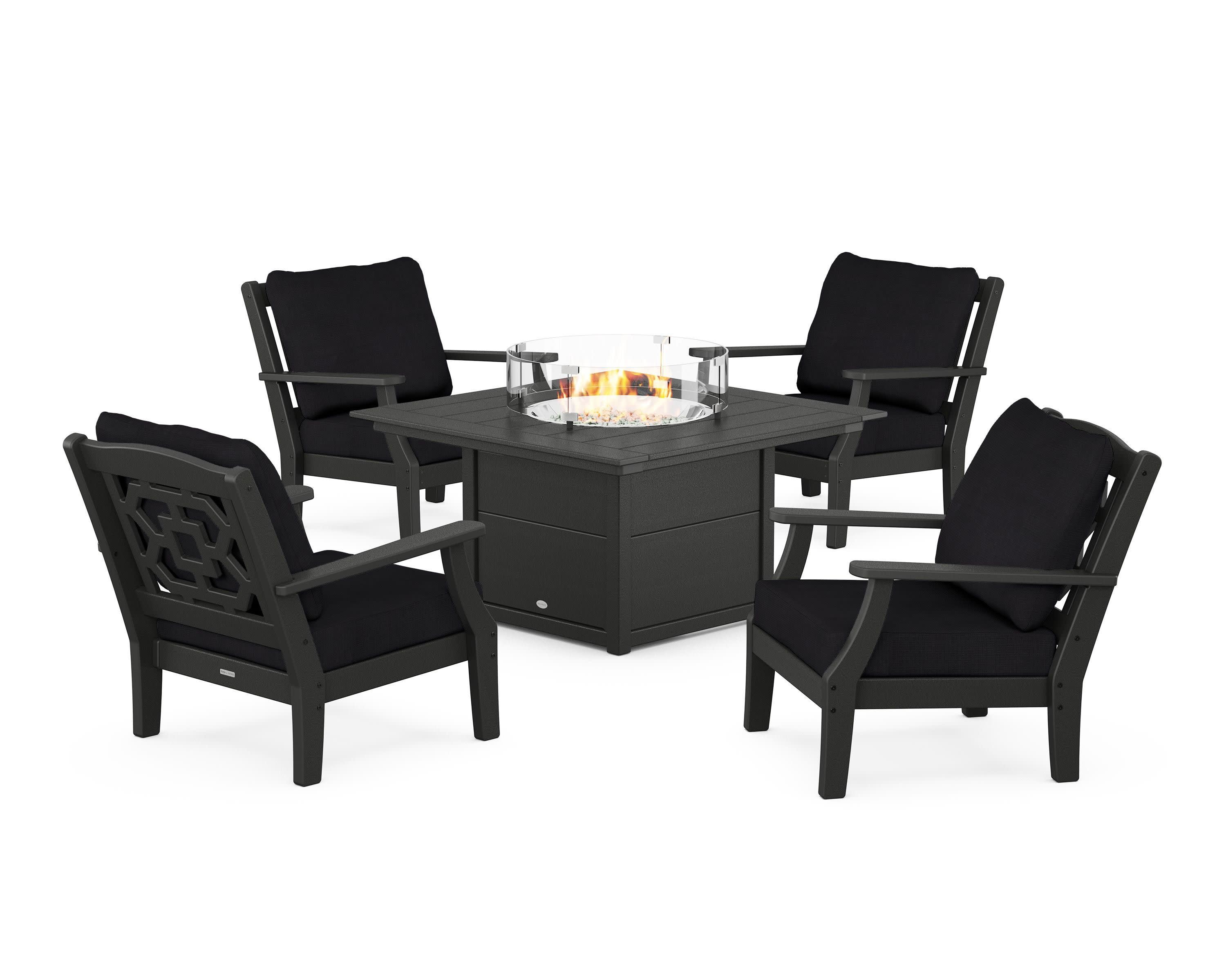 Chinoiserie 5-Piece Deep Seating Set with Fire Pit Table in Black / Midnight Linen