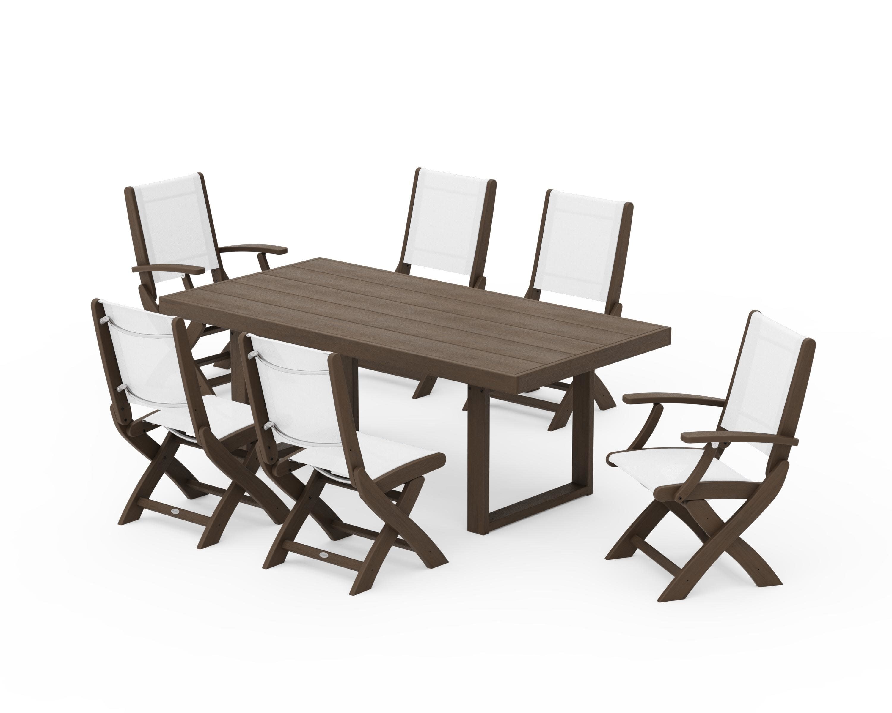 Coastal Folding Chair 7-Piece Dining Set with Trestle Legs in Kona / White Sling