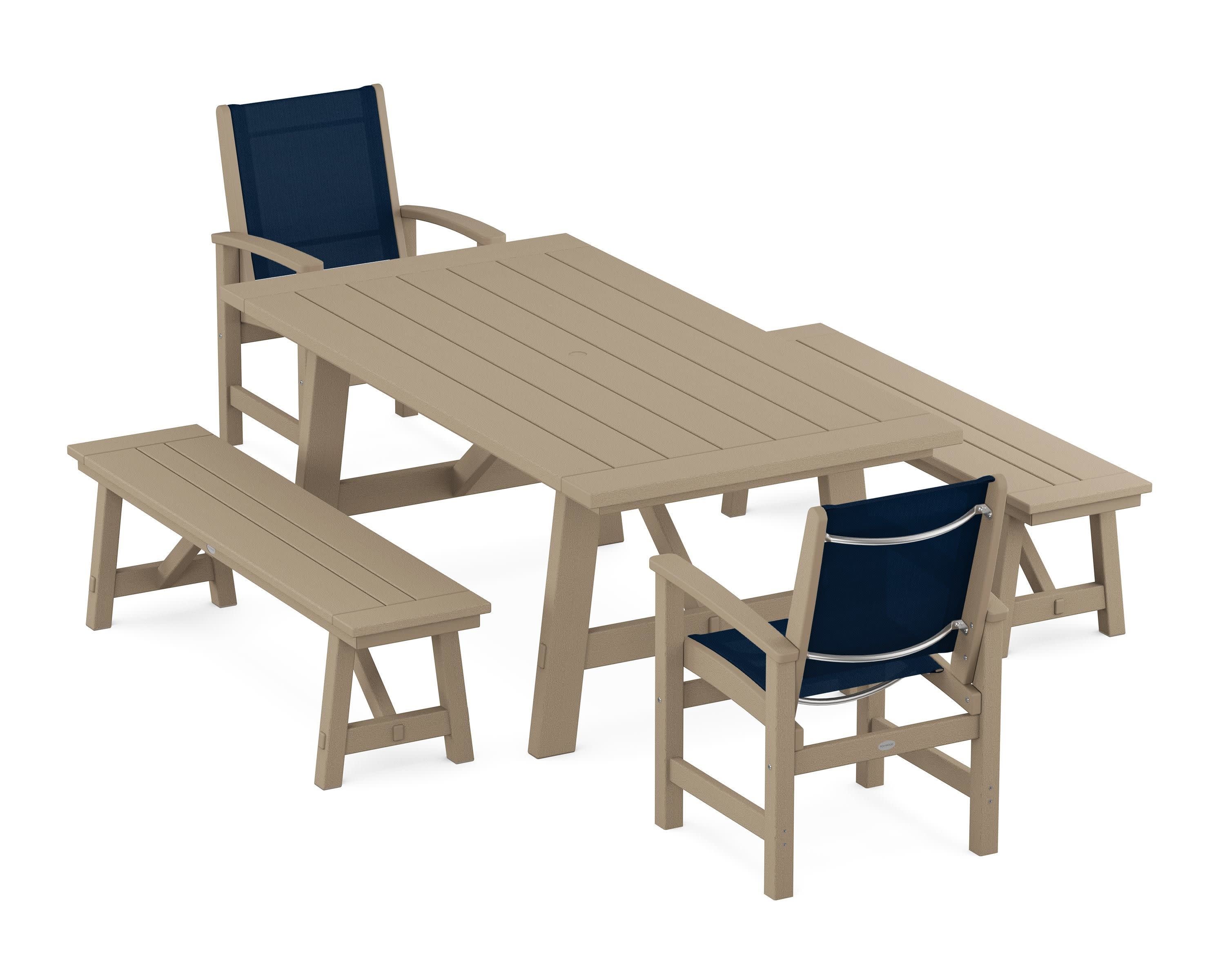 Coastal 5-Piece Rustic Farmhouse Dining Set With Benches in Vintage Sahara / Navy Blue Sling