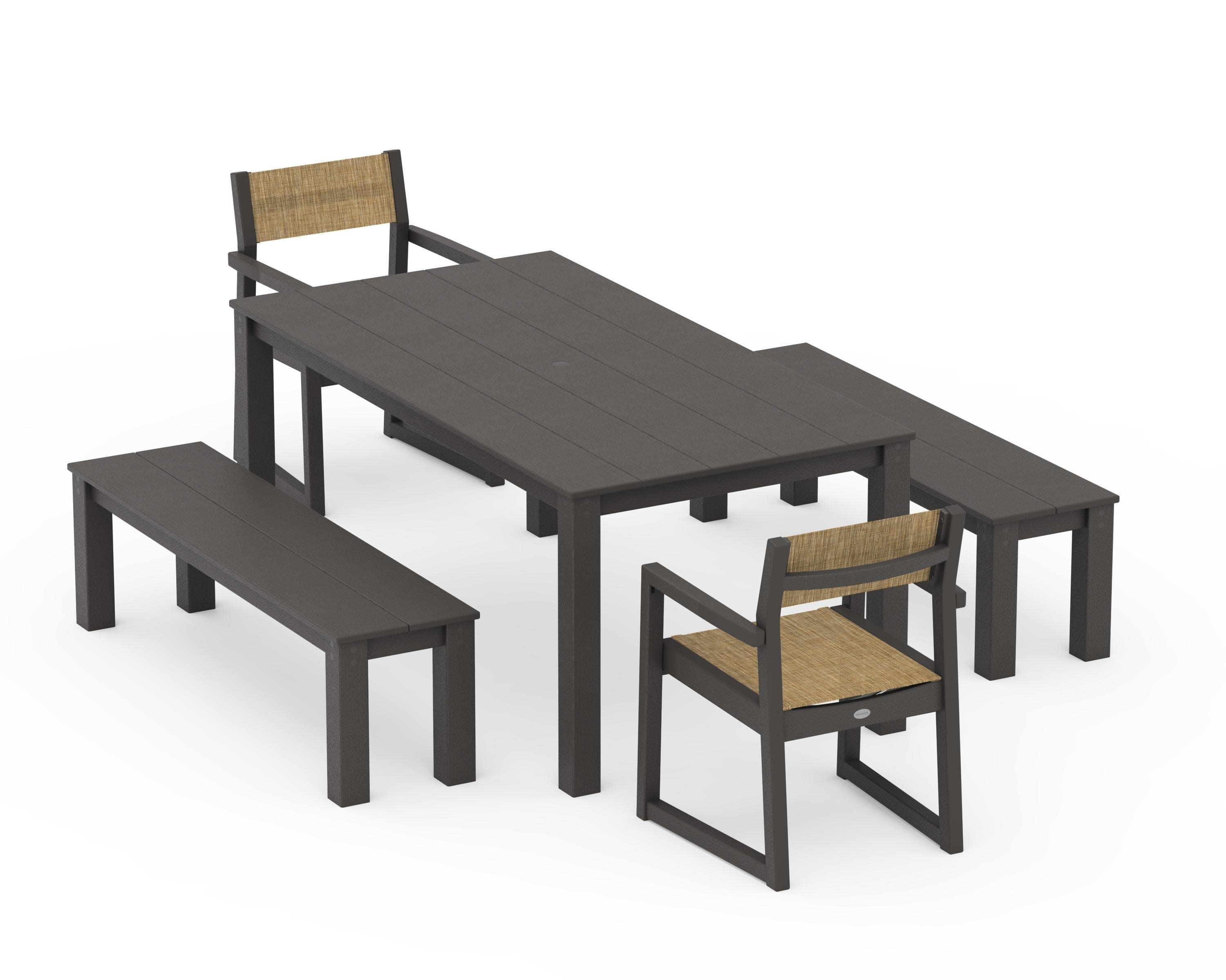 EDGE Sling Arm Chair 5-Piece Parsons Dining Set with Benches in Vintage Coffee / Burlap Sling