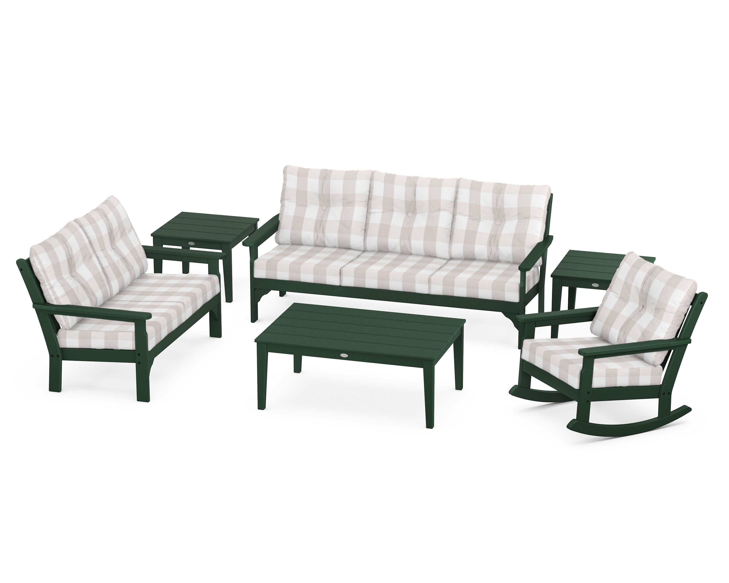 Vineyard 6-Piece Deep Seating Set in Green / Buffalo Plaid Dune Burlap