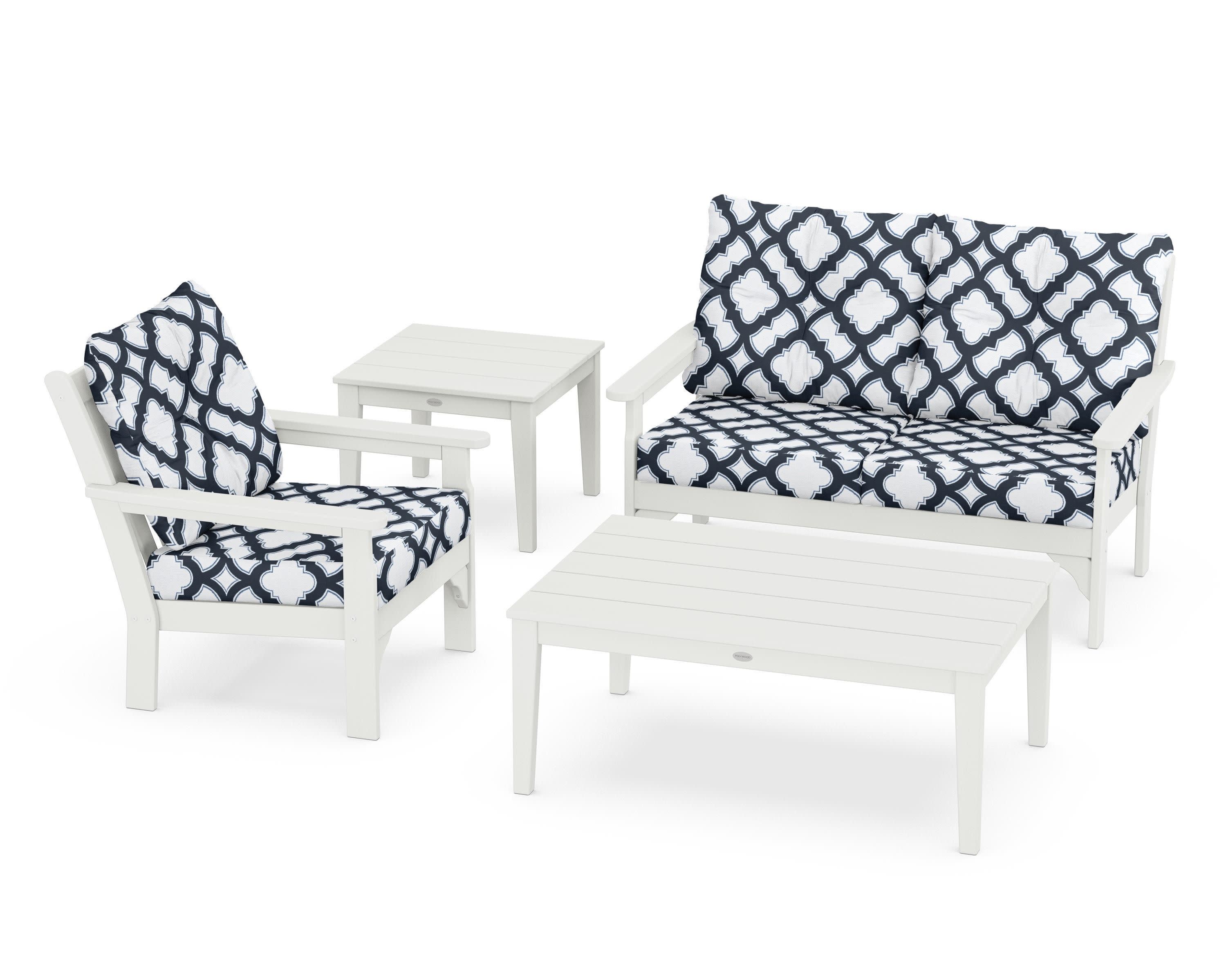 Vineyard 4-Piece Deep Seating Set in Vintage White / Trellis Marine Indigo