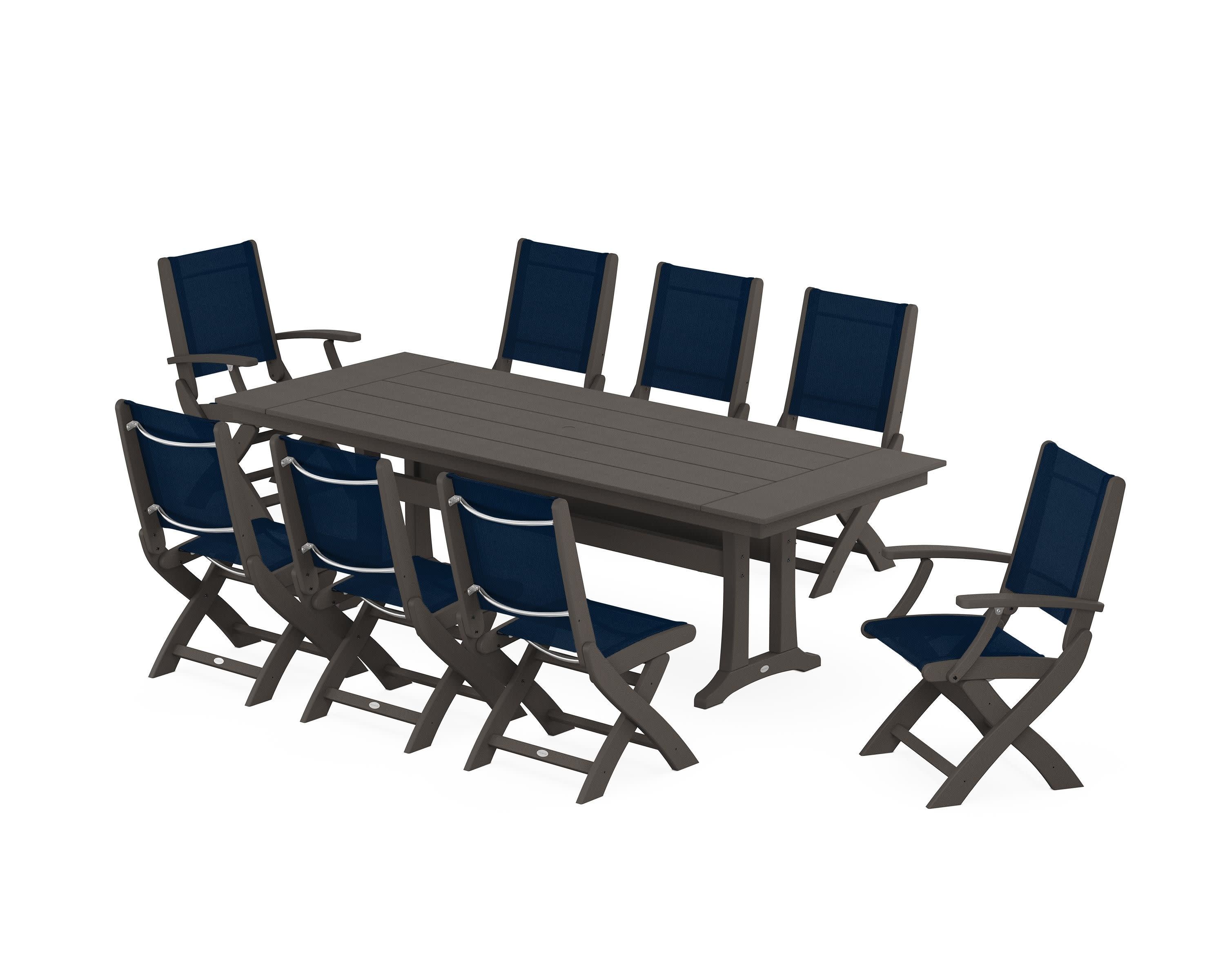 Coastal 9-Piece Folding Dining Chair Farmhouse Dining Set with Trestle Legs in Vintage Coffee / Navy Blue Sling