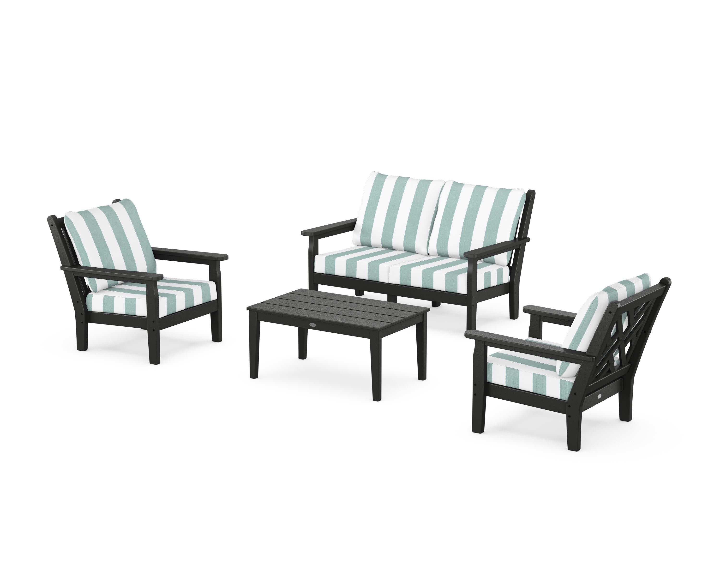 Chippendale 4-Piece Deep Seating Set with Loveseat in Black / Cabana Stripe Glacier Spa