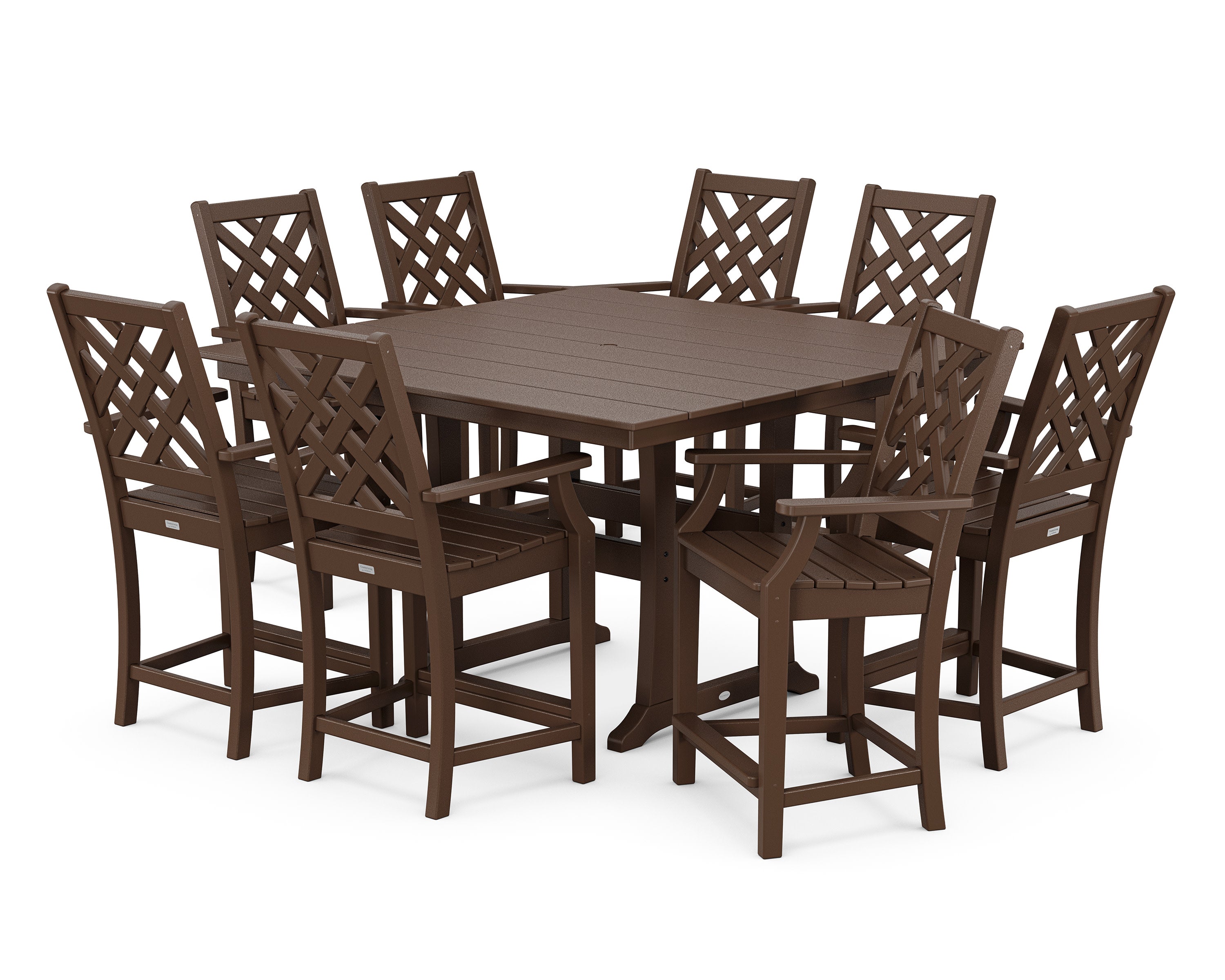Wovendale 9-Piece Square Farmhouse Counter Set with Trestle Legs in Mahogany