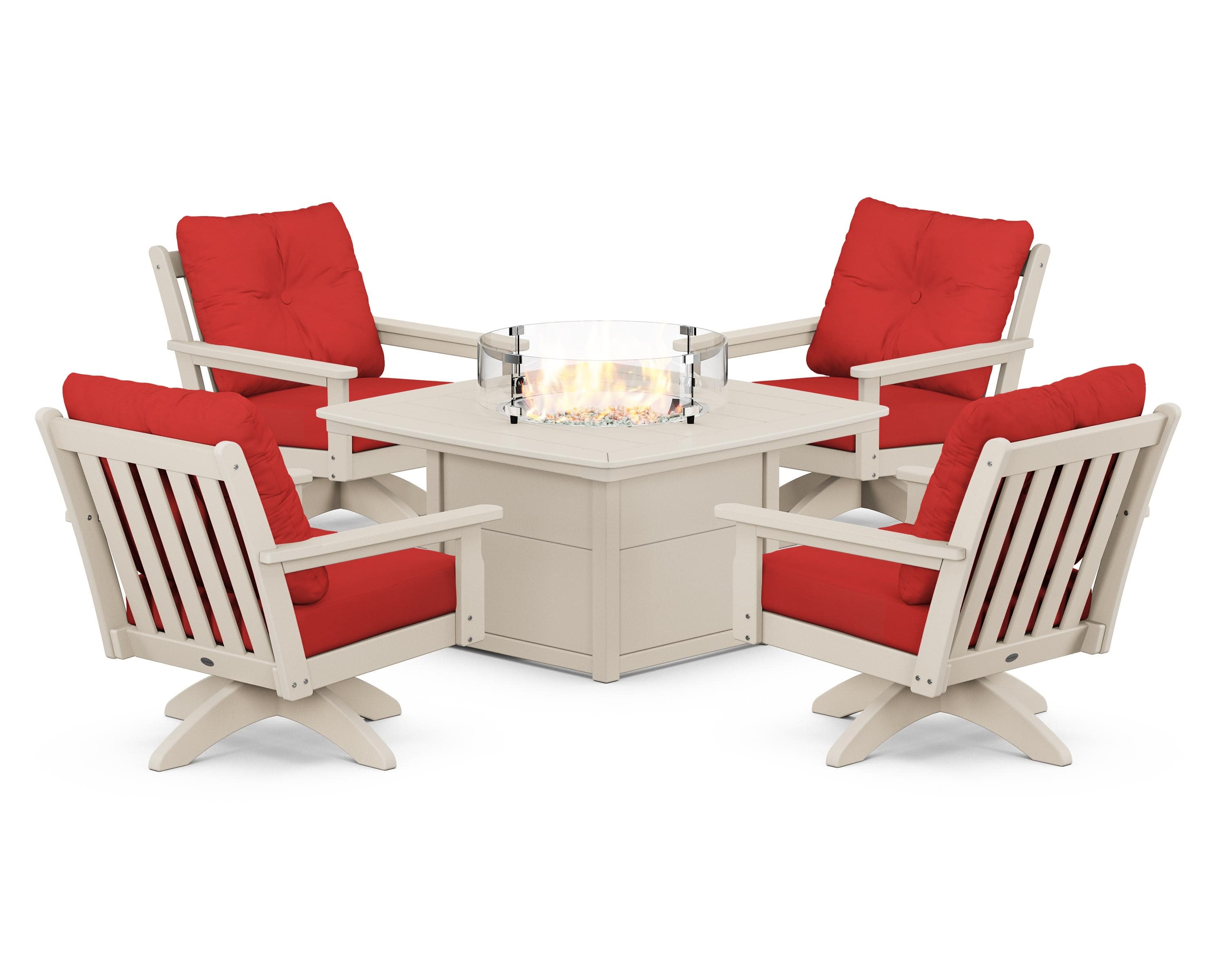Vineyard 5-Piece Deep Seating Swivel Conversation Set with Fire Pit Table in Sand / Crimson Linen