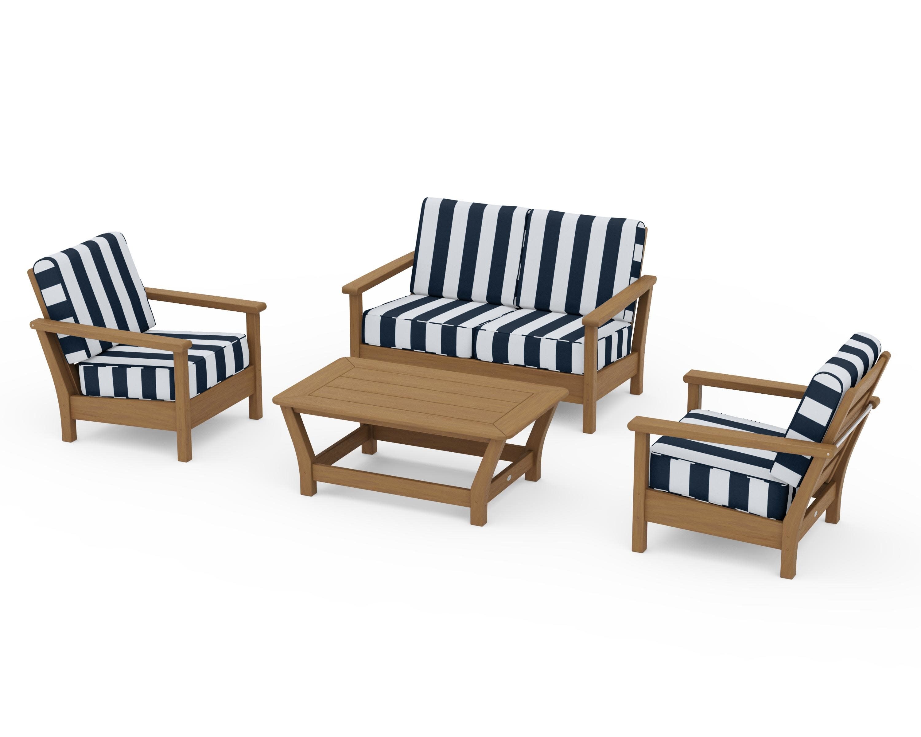 Harbour 4-Piece Deep Seating Set in Natural / Cabana Stripe Marine Indigo