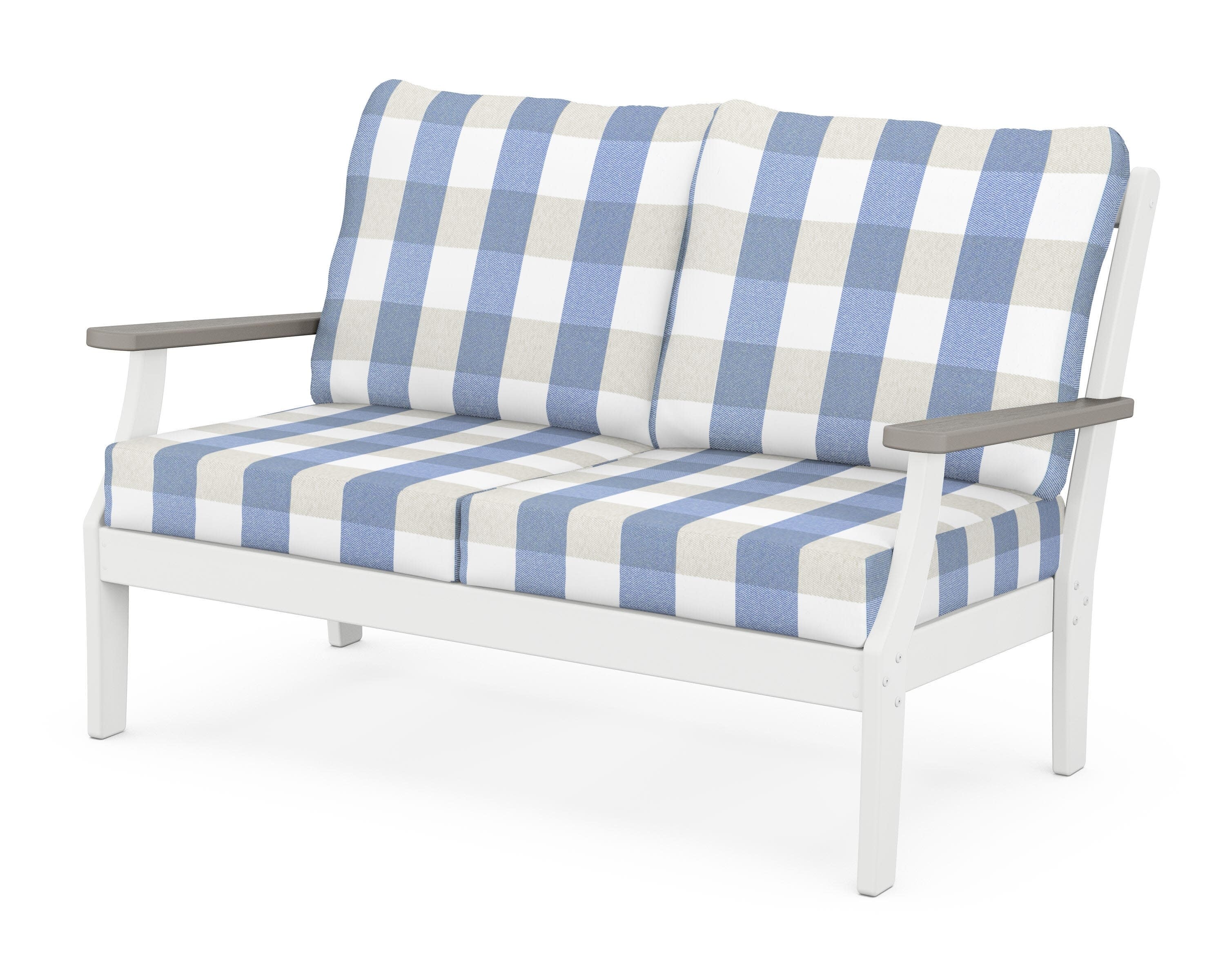 Braxton Deep Seating Loveseat in White / Driftwood / Buffalo Plaid Sky Blue
