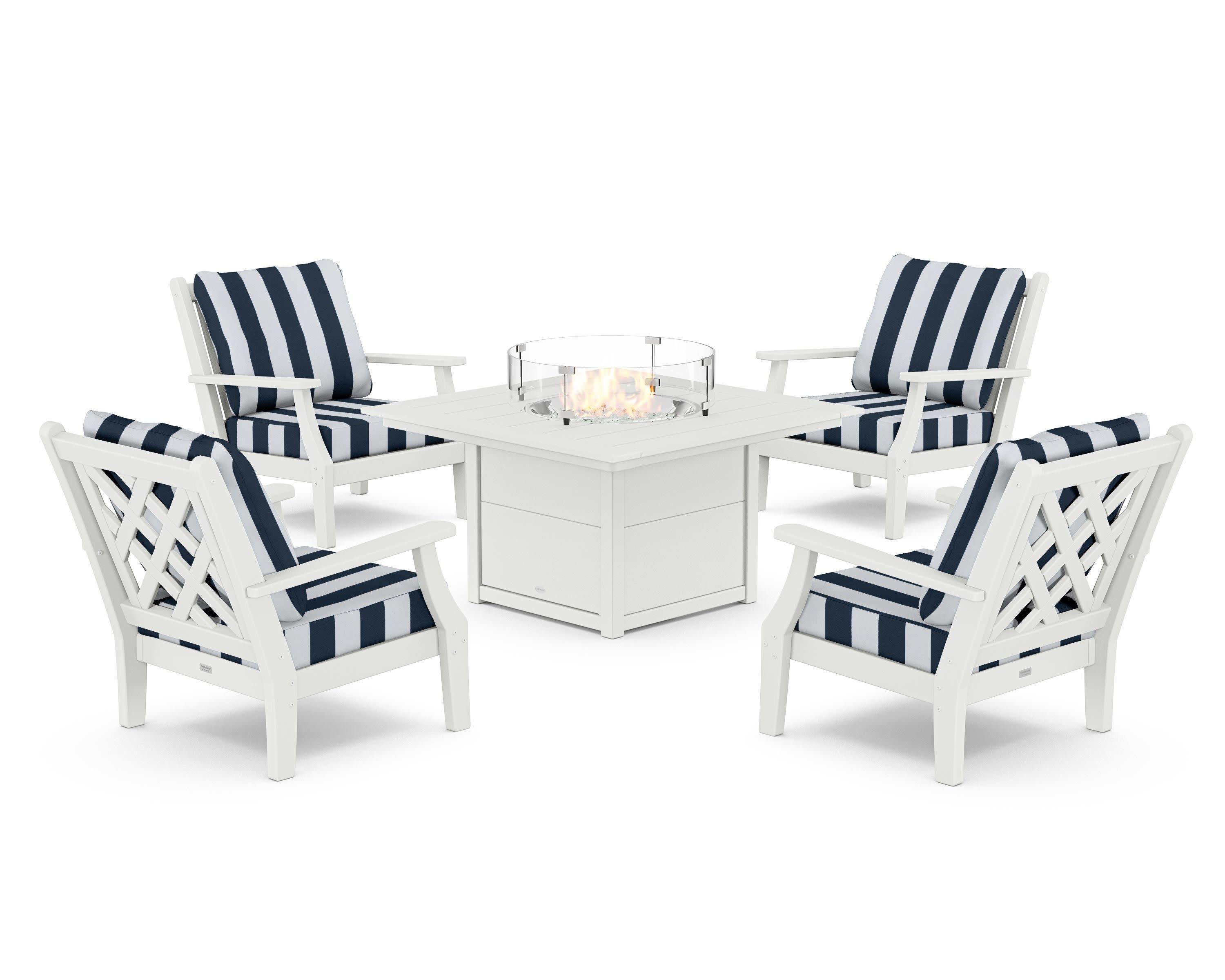Wovendale 5-Piece Deep Seating Set with Fire Pit Table in White / Cabana Stripe Marine Indigo
