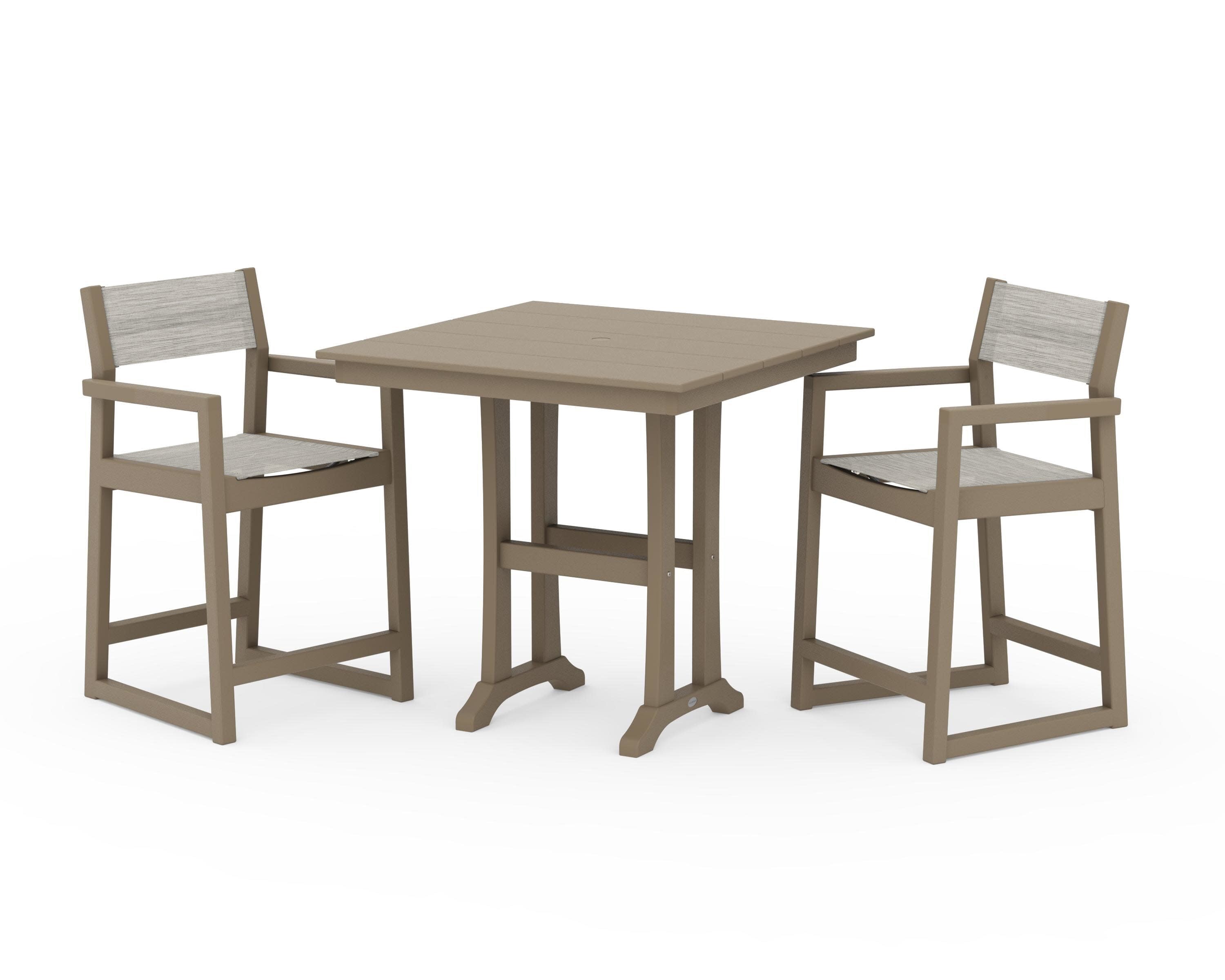 EDGE Sling Arm Chair 3-Piece Farmhouse Counter Set with Trestle Legs in Vintage Sahara / Birch Sling
