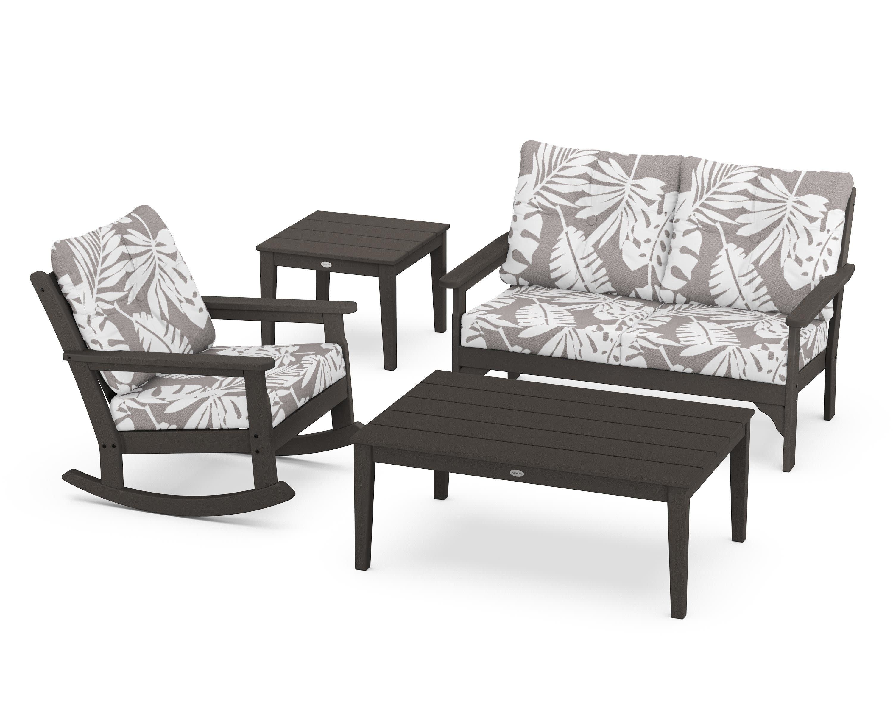 Vineyard 4-Piece Deep Seating Rocker Set in Vintage Coffee / Leaf Grey Mist