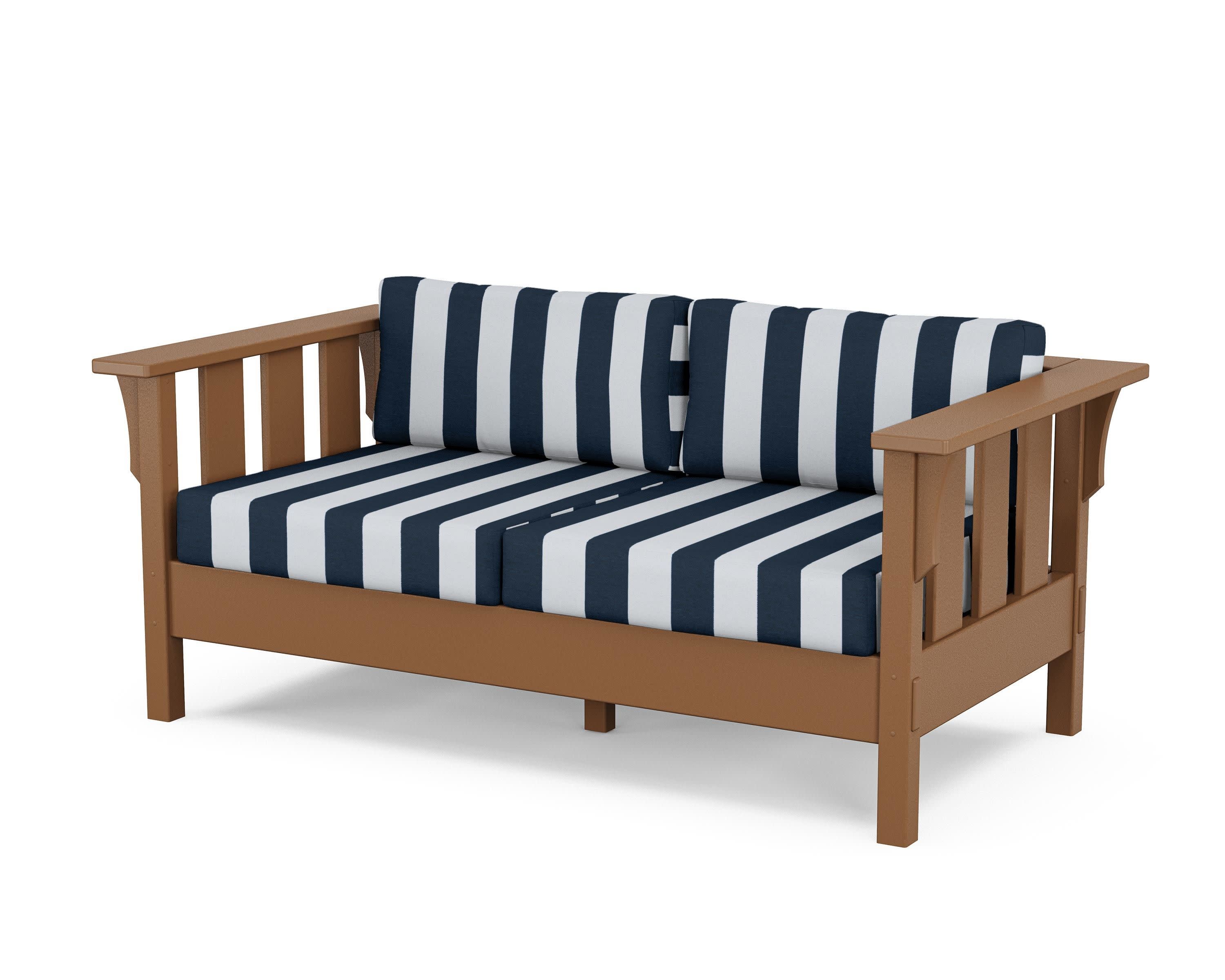 Acadia Deep Seating Loveseat in Teak / Cabana Stripe Marine Indigo