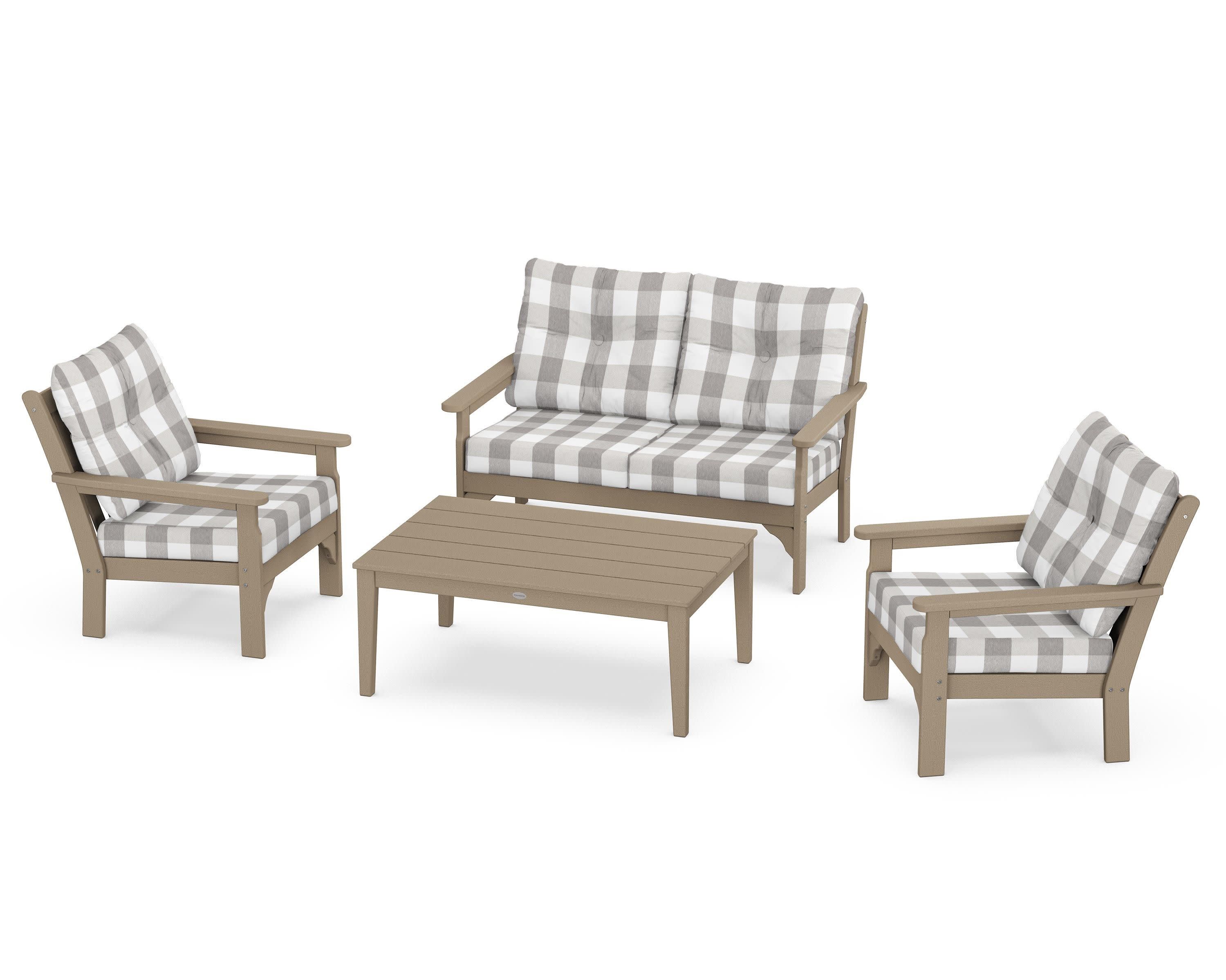 Vineyard 4-Piece Deep Seating Set in Vintage Sahara / Buffalo Plaid Grey Mist