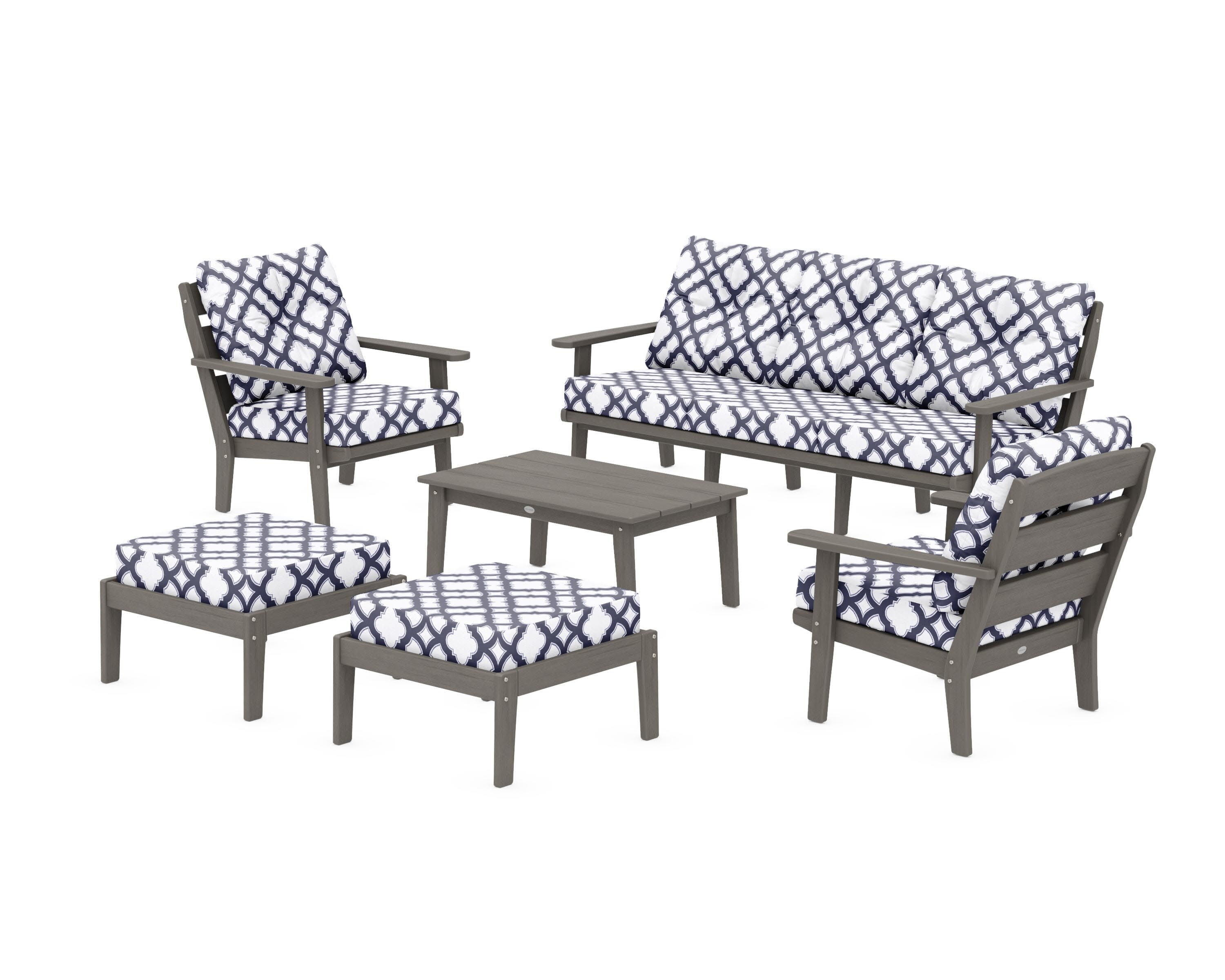 Lakeside 6-Piece Lounge Sofa Set in Driftwood / Trellis Navy