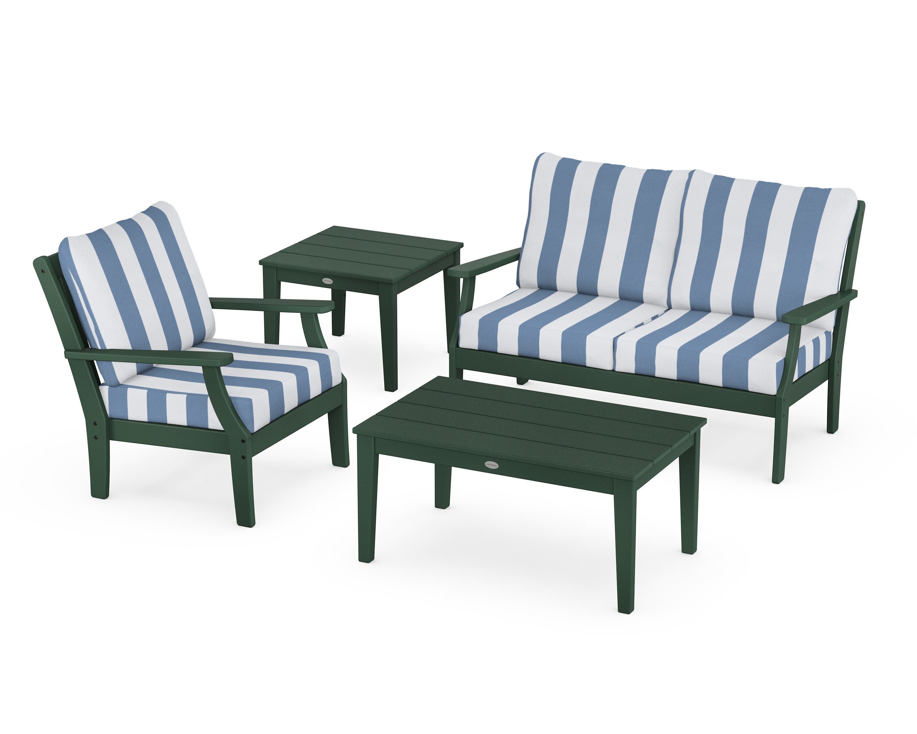 Braxton 4-Piece Deep Seating Set in Green / Cabana Stripe Sky Blue