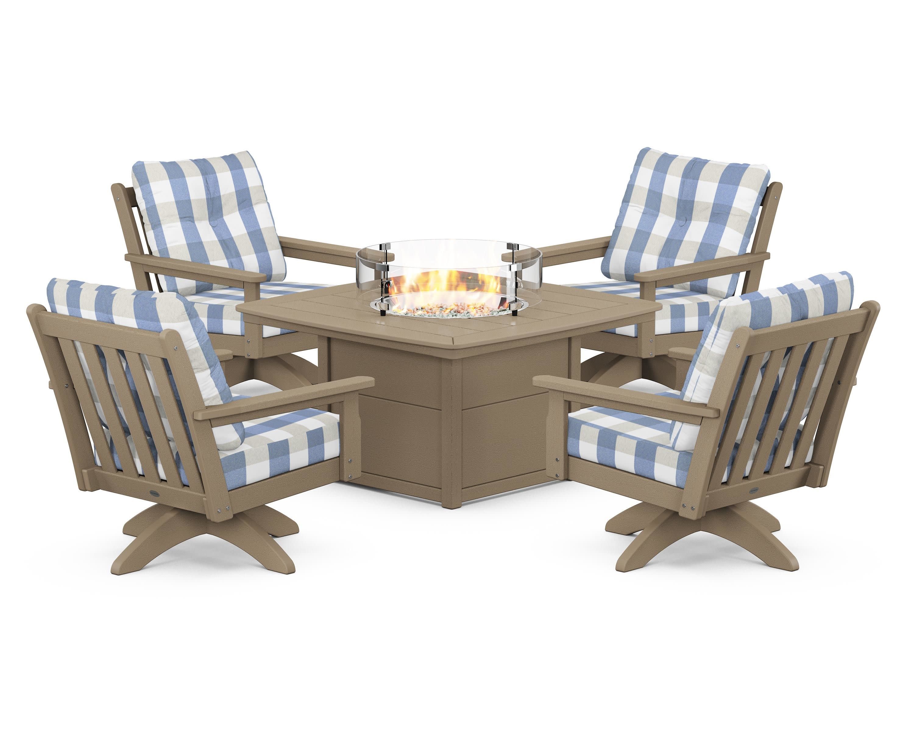Vineyard 5-Piece Deep Seating Swivel Conversation Set with Fire Pit Table in Vintage Sahara / Buffalo Plaid Sky Blue