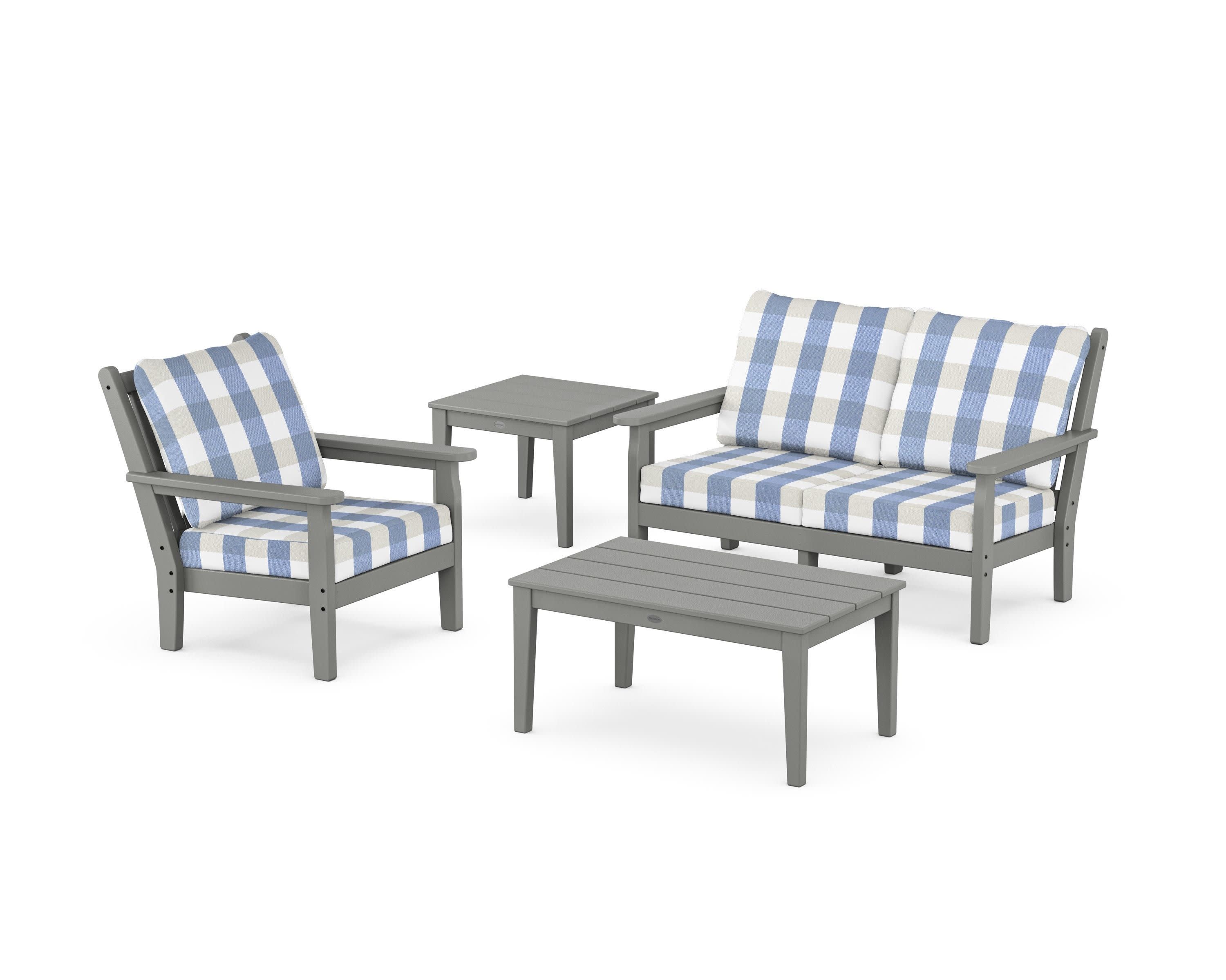 Chippendale 4-Piece Deep Seating Set in Slate Grey / Buffalo Plaid Sky Blue