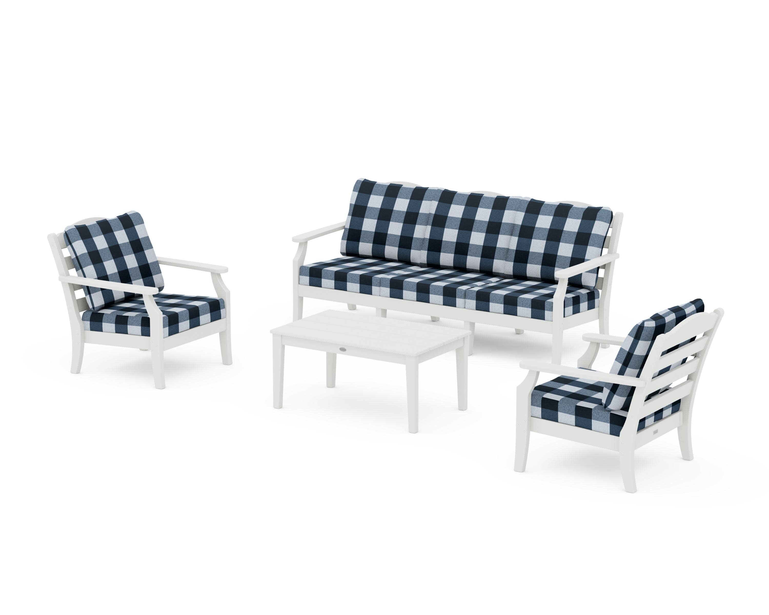 Savannah 4-Piece Deep Seating Set with Sofa in Vintage White / Buffalo Plaid Marine Indigo