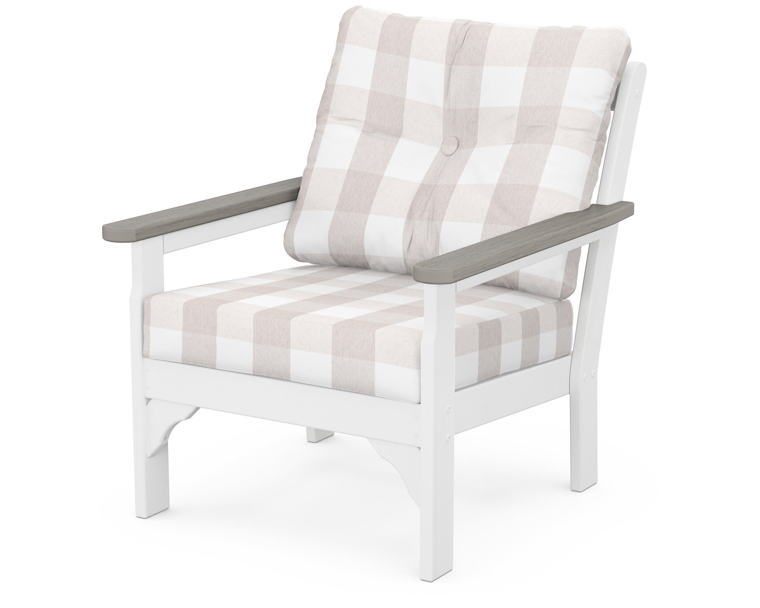 Vineyard Deep Seating Chair in White / Driftwood / Buffalo Plaid Dune Burlap