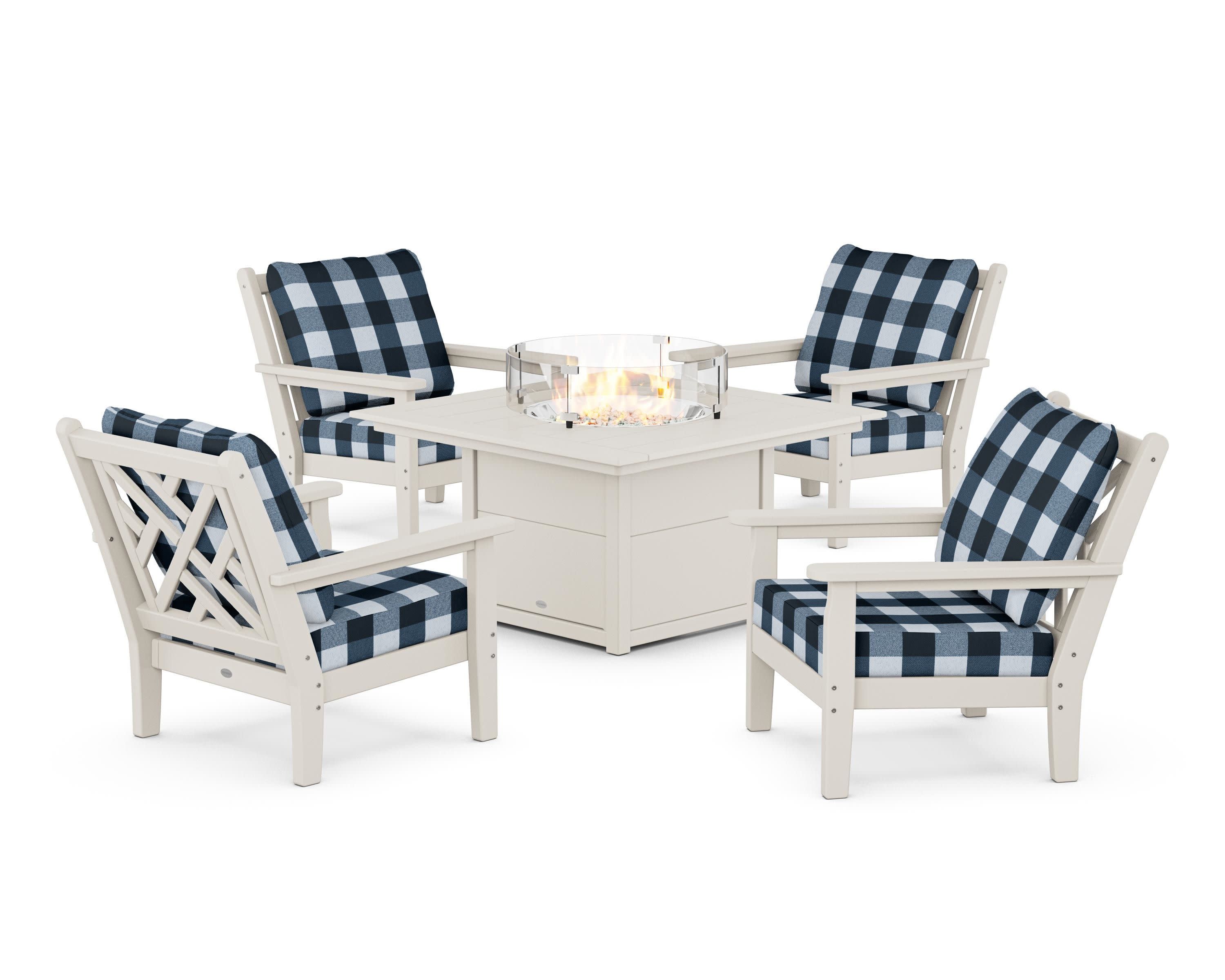 Chippendale 5-Piece Deep Seating Set with Fire Pit Table in Sand / Buffalo Plaid Marine Indigo