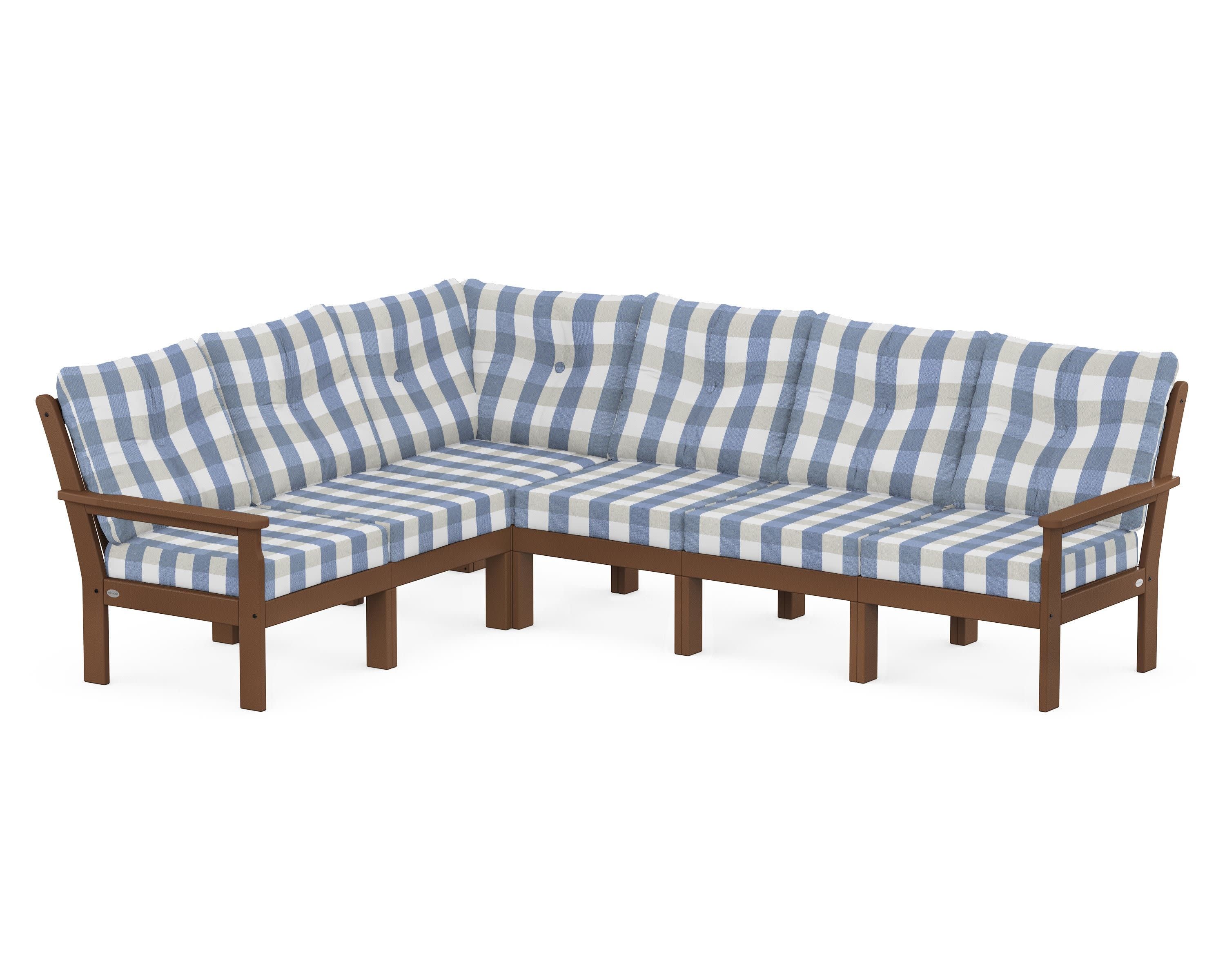 Vineyard 6-Piece Sectional in Teak / Buffalo Plaid Sky Blue