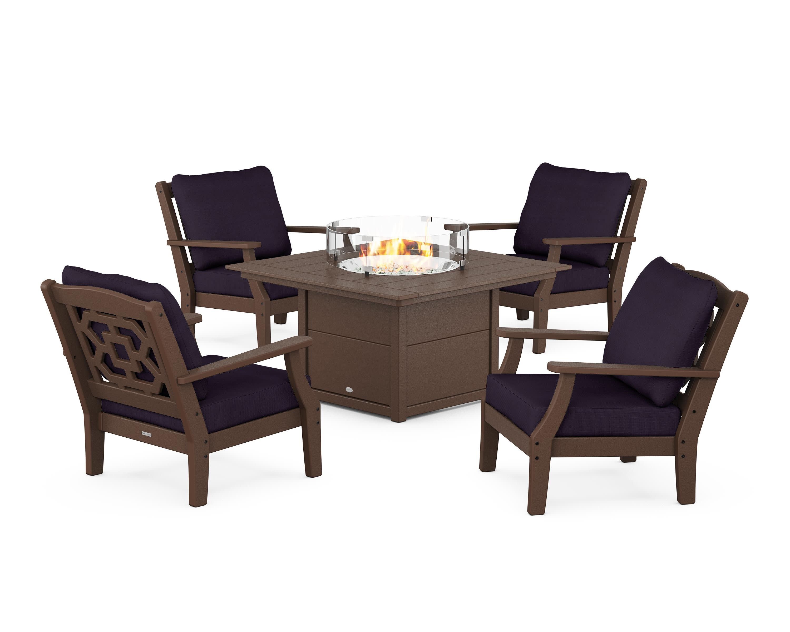 Chinoiserie 5-Piece Deep Seating Set with Fire Pit Table in Mahogany / Navy Linen