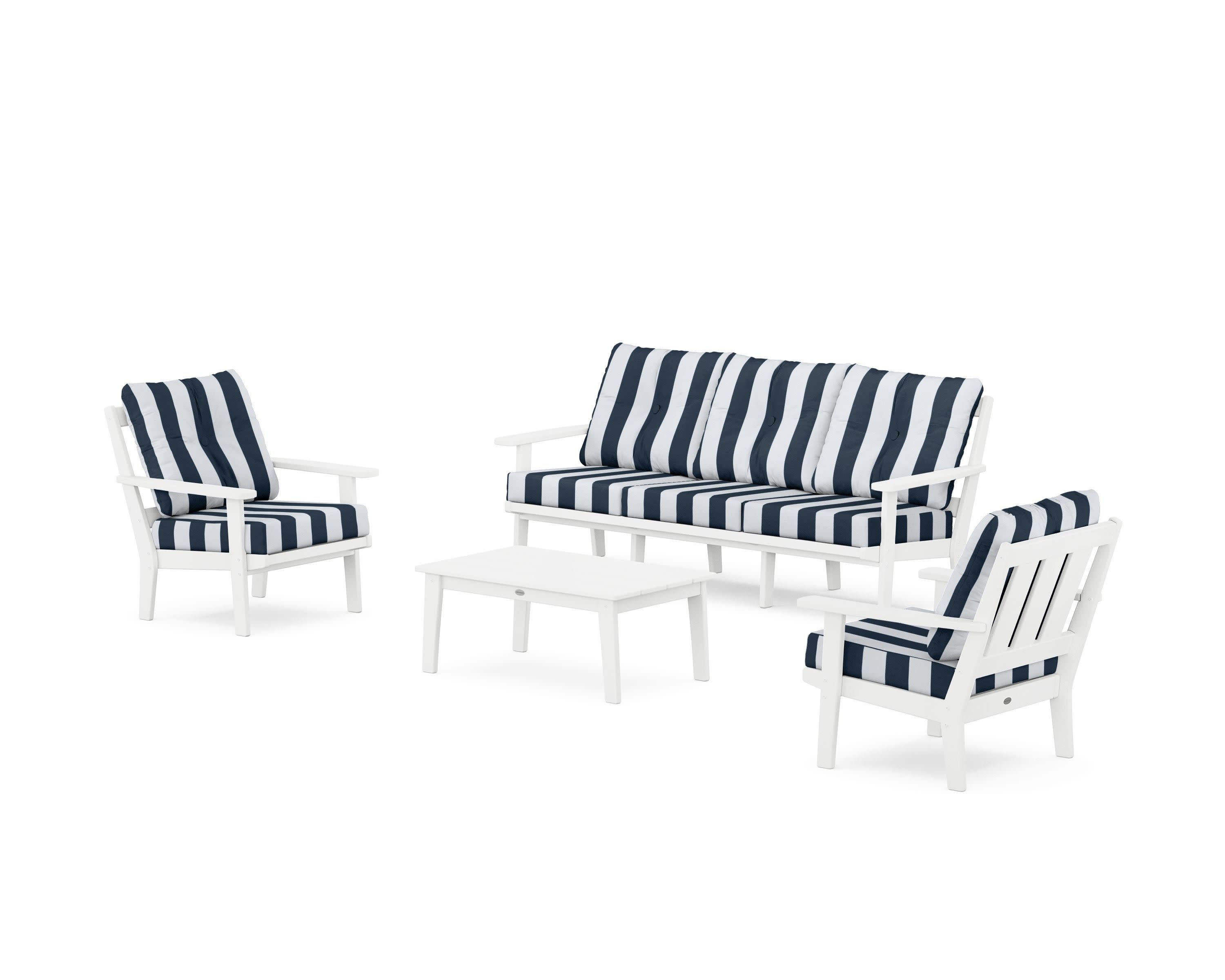 Oxford 4-Piece Deep Seating Set with Sofa in White / Cabana Stripe Marine Indigo