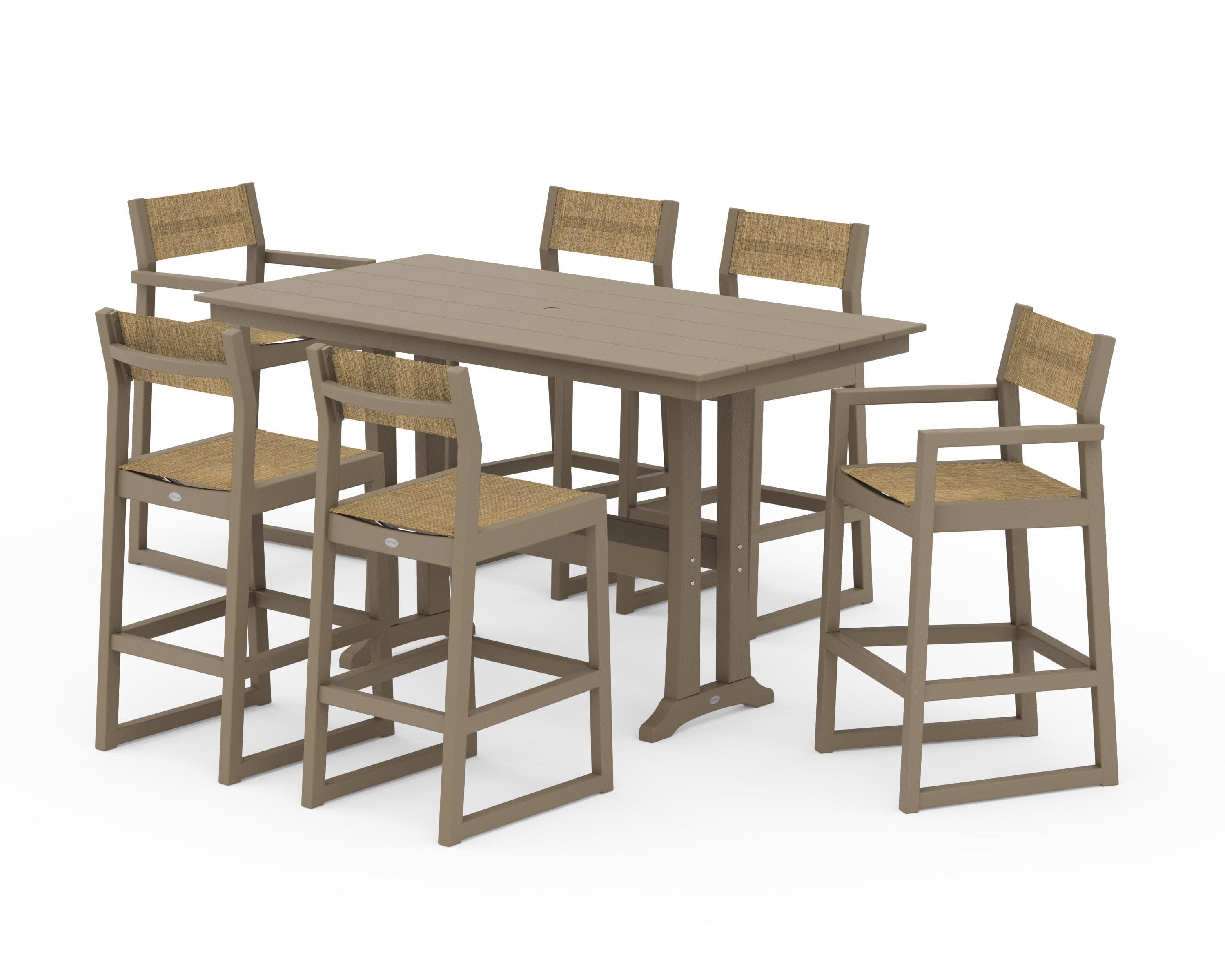 EDGE Sling 7-Piece Farmhouse Bar Set with Trestle Legs in Vintage Sahara / Burlap Sling