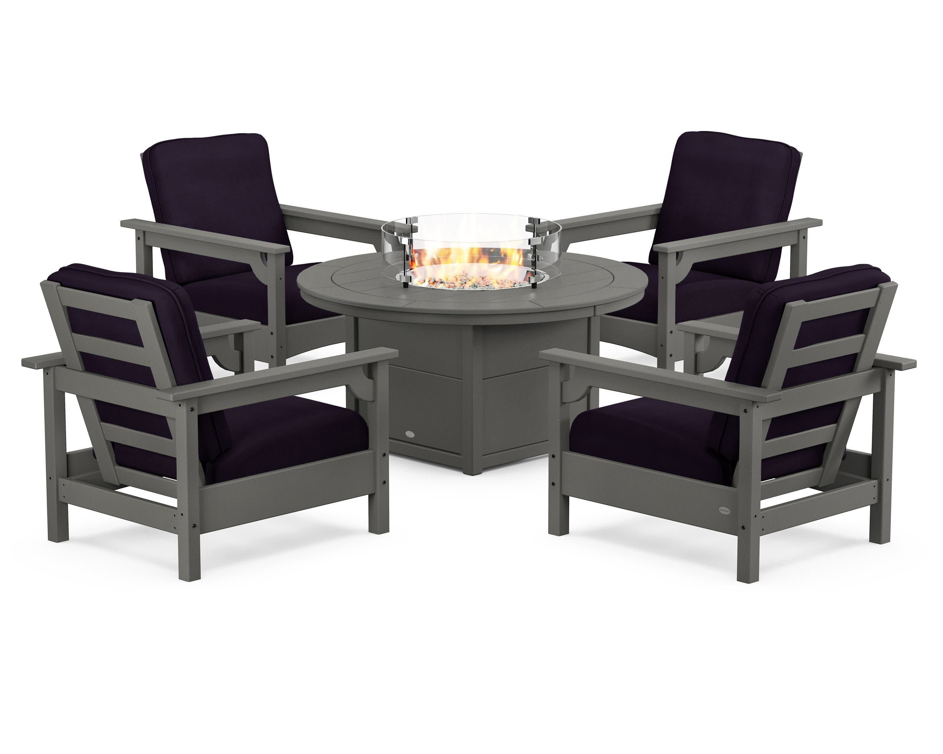 Club 5-Piece Conversation Set with Fire Pit Table in Slate Grey / Navy Linen