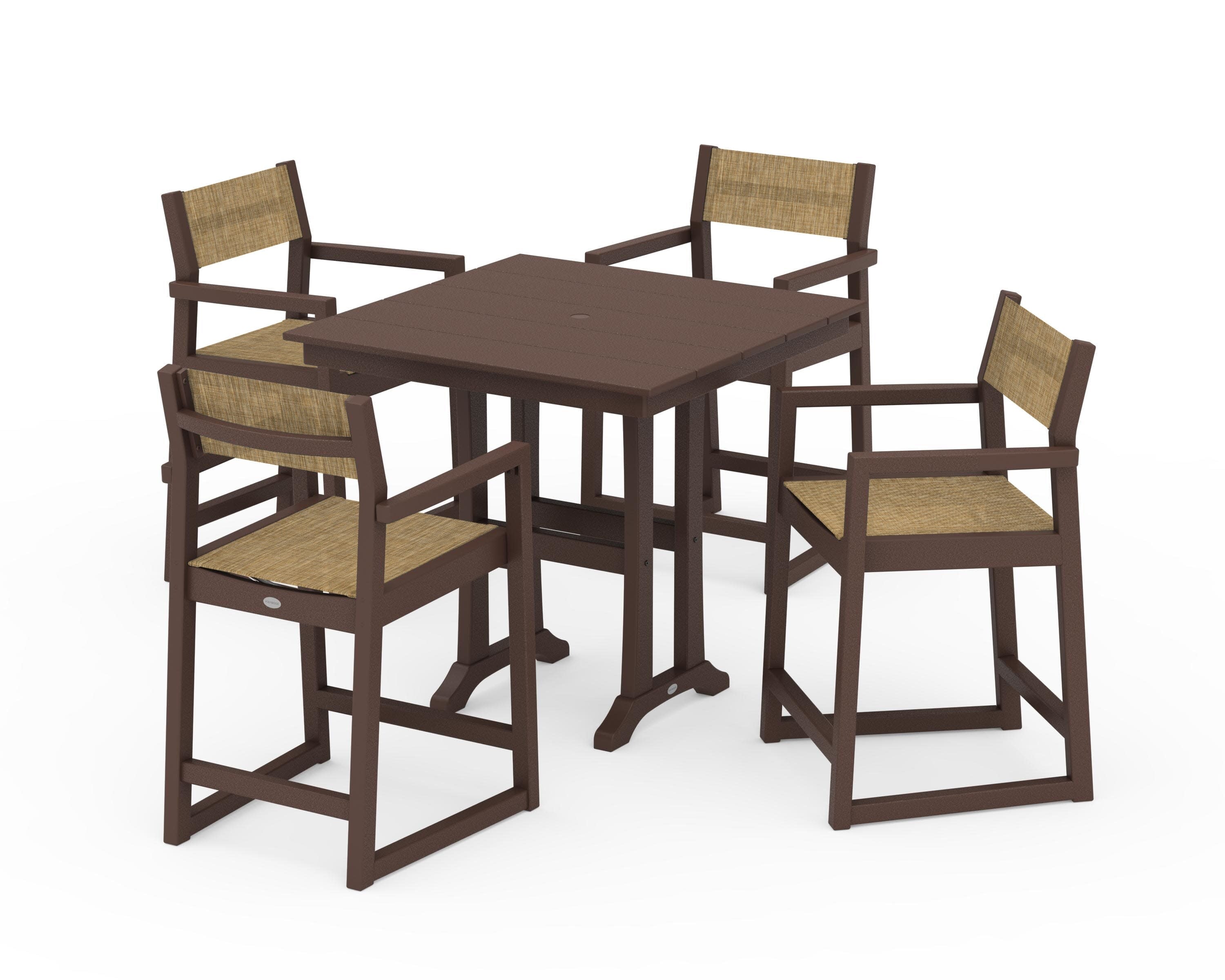 EDGE Sling Arm Chair 5-Piece Farmhouse Counter Set with Trestle Legs in Mahogany / Burlap Sling