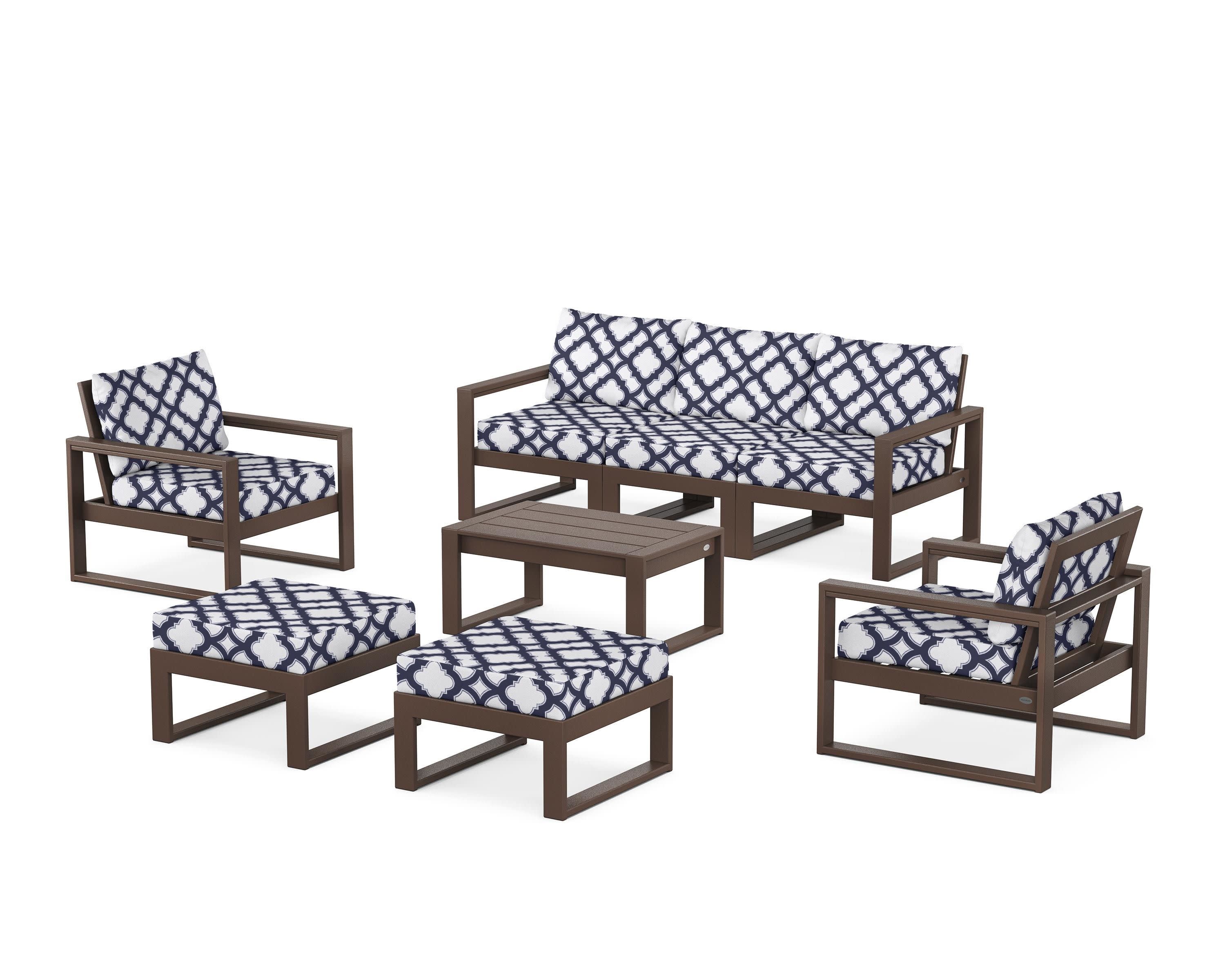 EDGE Sectional 8-Piece Lounge Sofa Set in Mahogany / Trellis Navy