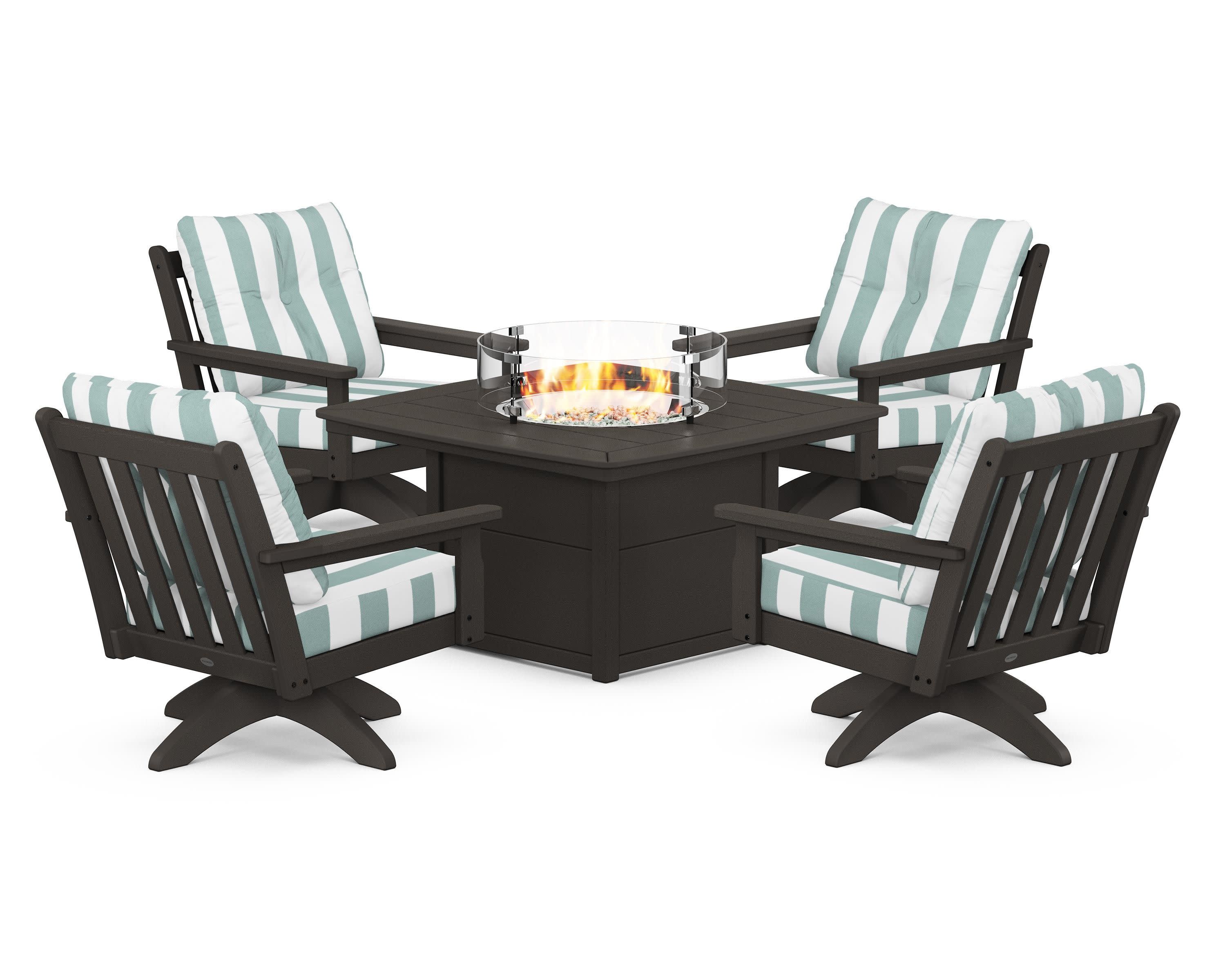 Vineyard 5-Piece Deep Seating Swivel Conversation Set with Fire Pit Table in Vintage Coffee / Cabana Stripe Glacier Spa