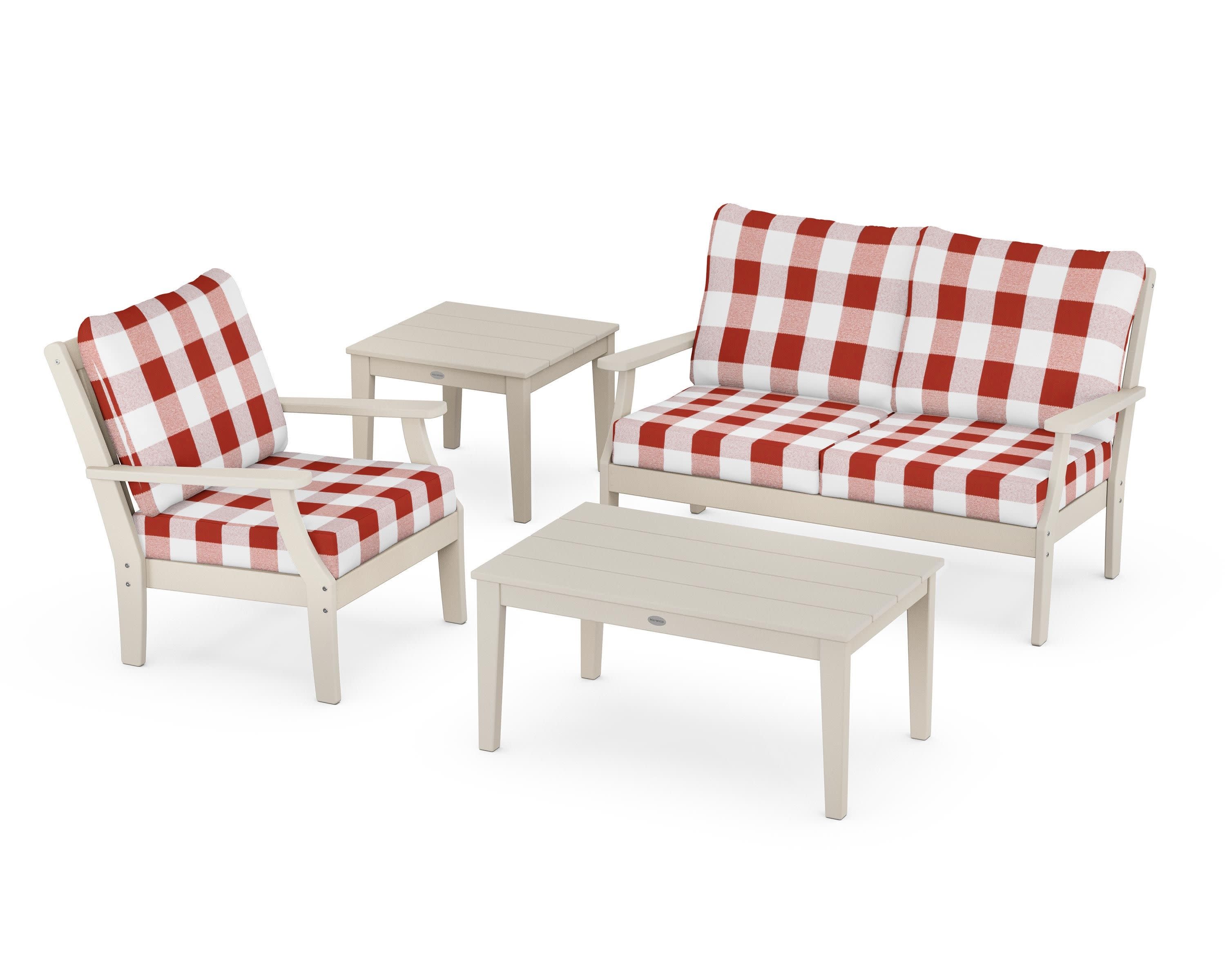 Braxton 4-Piece Deep Seating Set in Sand / Buffalo Plaid Crimson