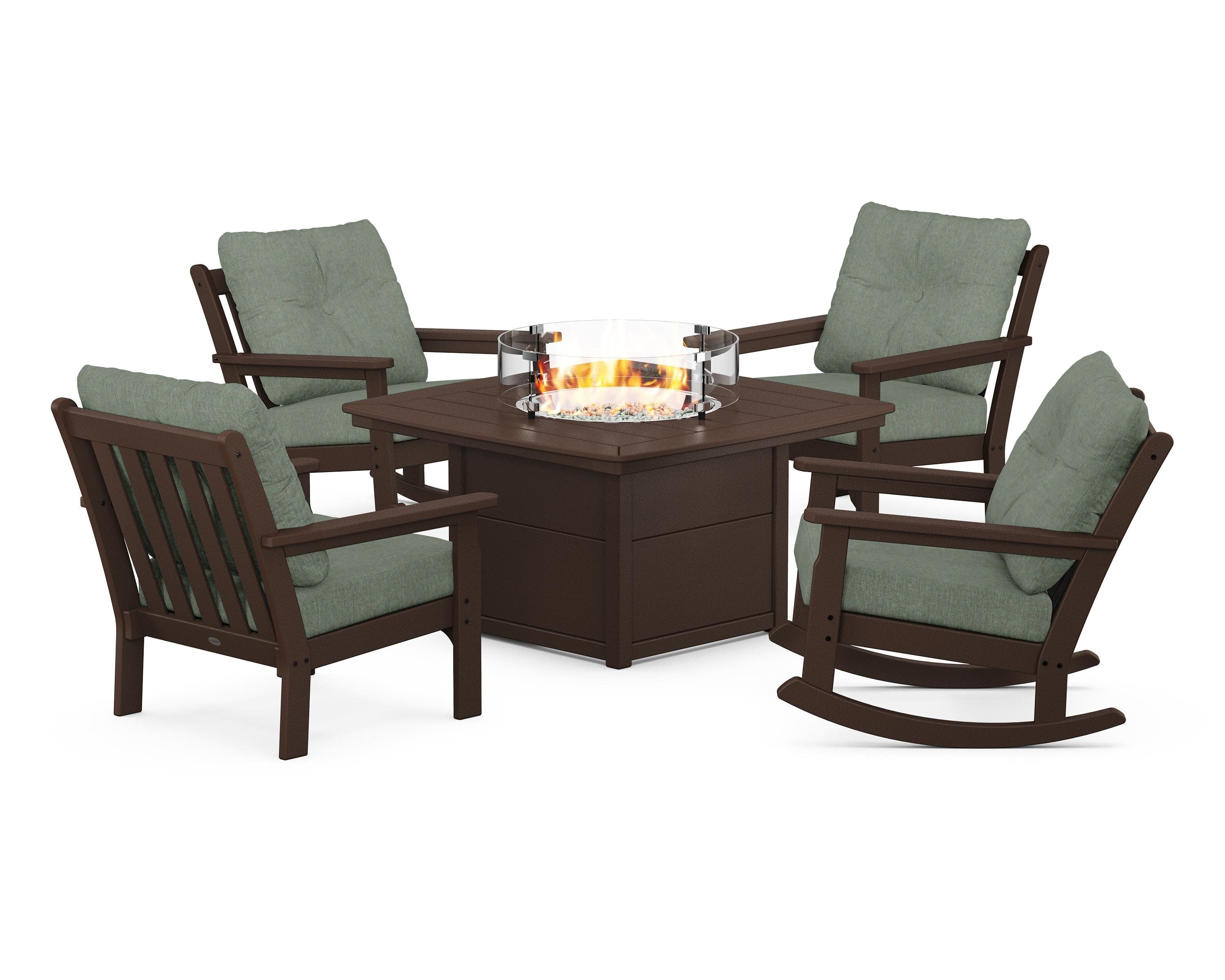 Vineyard 5-Piece Deep Seating Rocking Chair Conversation Set with Fire Pit Table in Mahogany / Cast Sage