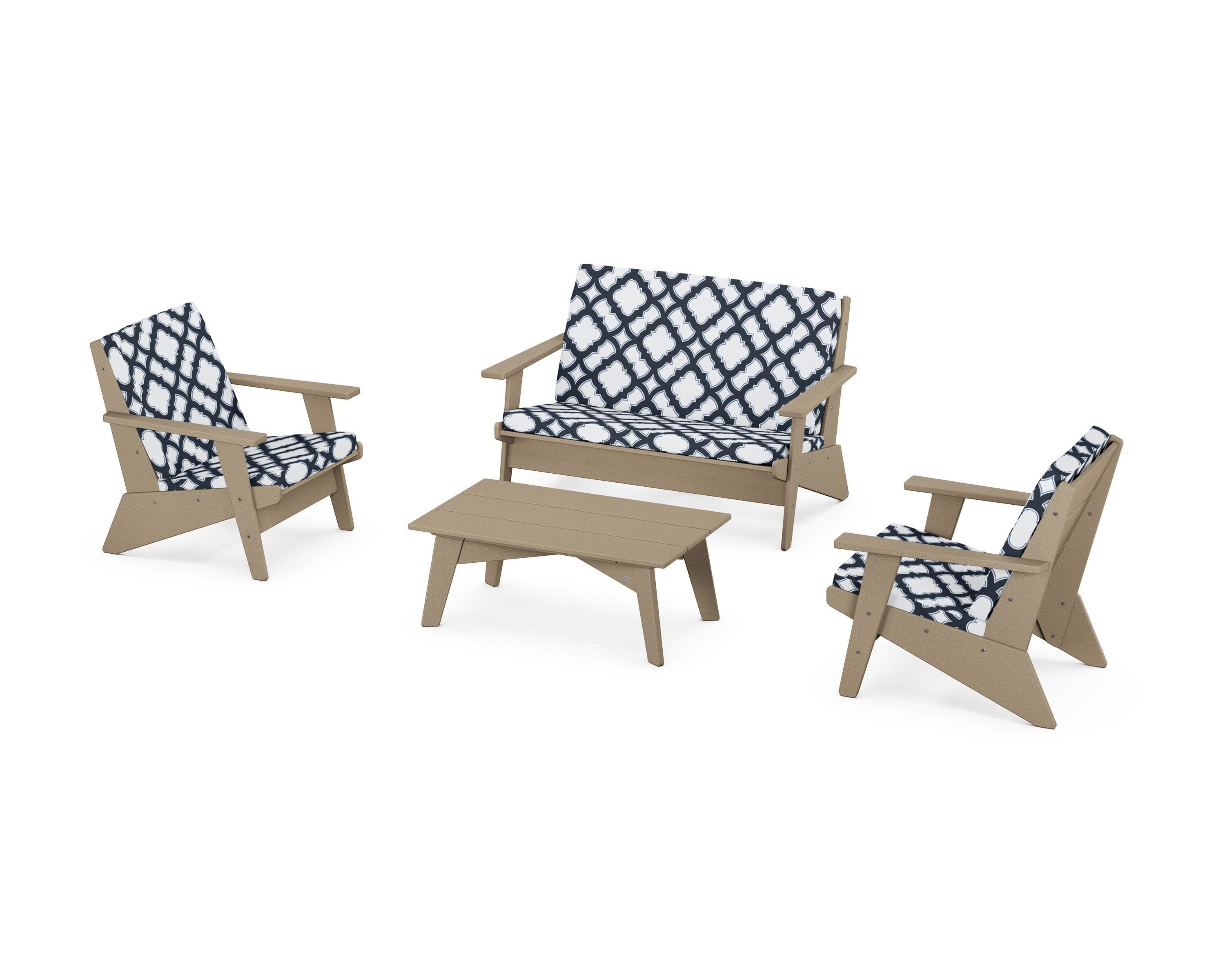 Riviera Modern Lounge 4-Piece Set in Vintage Sahara / Trellis Marine Indigo