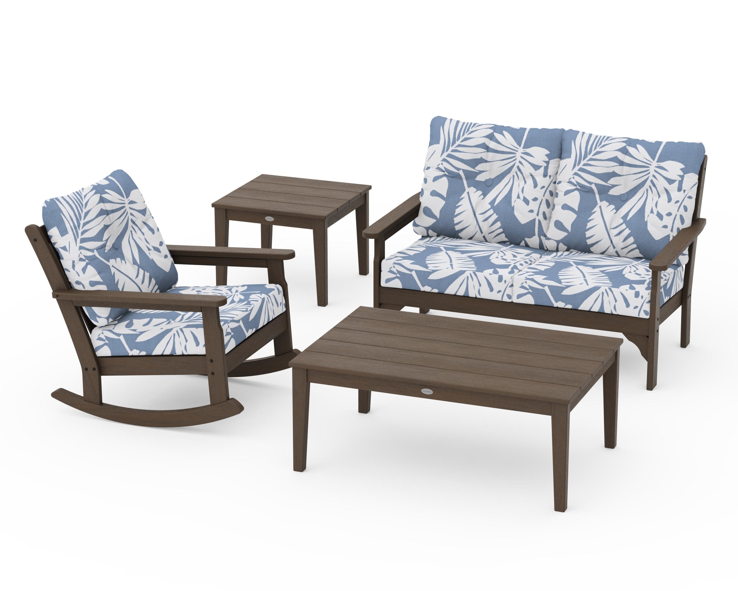 Vineyard 4-Piece Deep Seating Rocker Set in Kona / Leaf Sky Blue