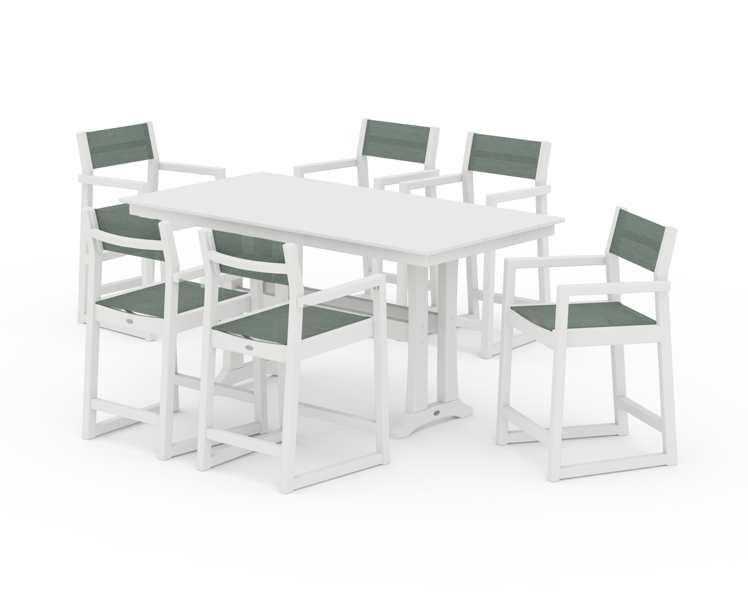 EDGE Sling Arm Chair 7-Piece Farmhouse Counter Set with Trestle Legs in White / Dupioni Sea Mist Sling