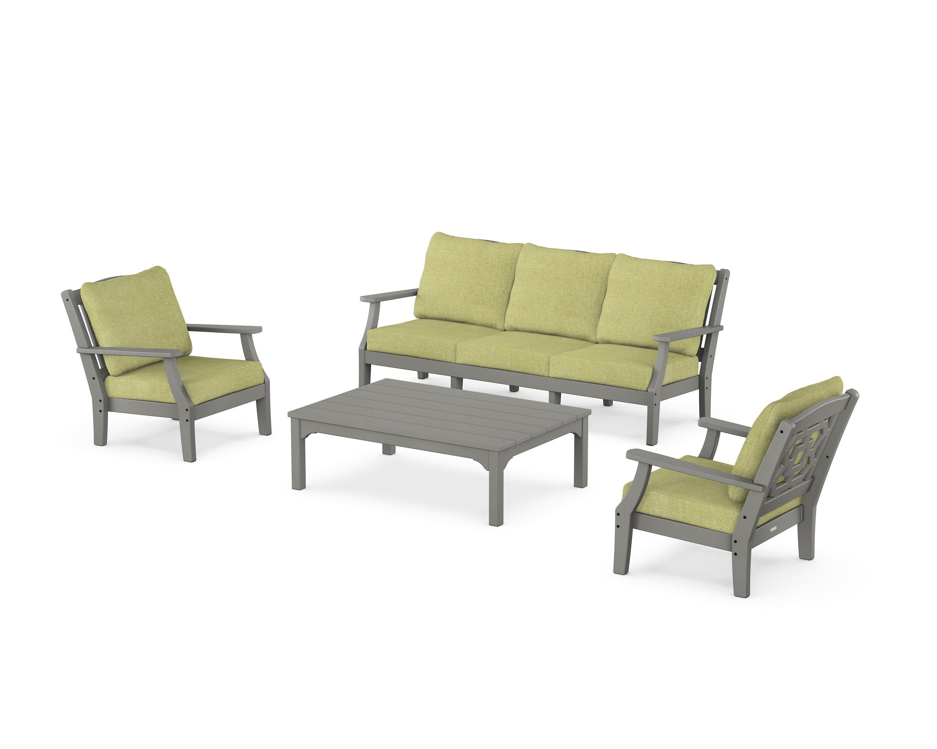 Chinoiserie 4-Piece Deep Seating Set with Sofa in Slate Grey / Chartreuse Boucle