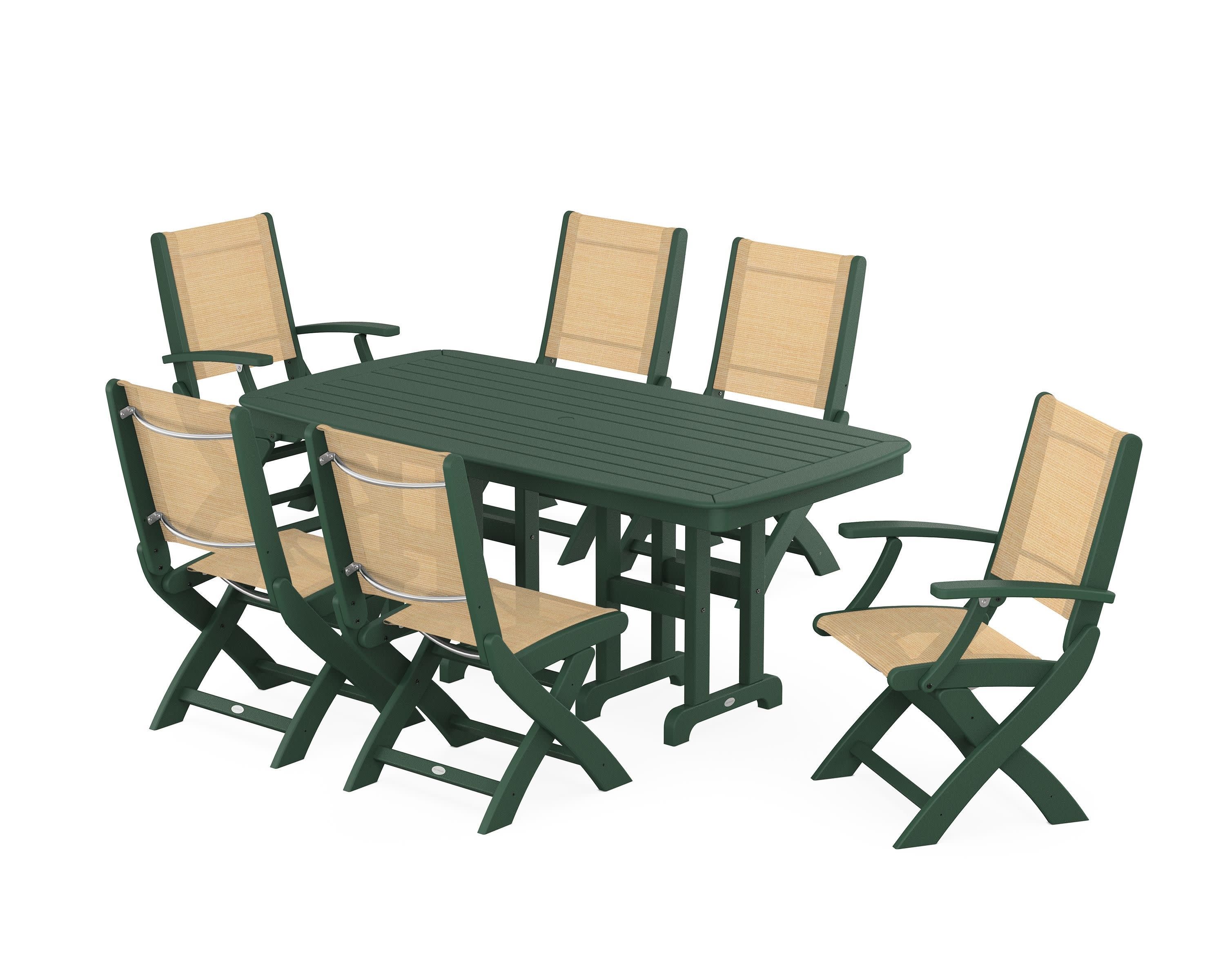 Coastal Folding Chair 7-Piece Dining Set in Green / Dupioni Apricot Sling