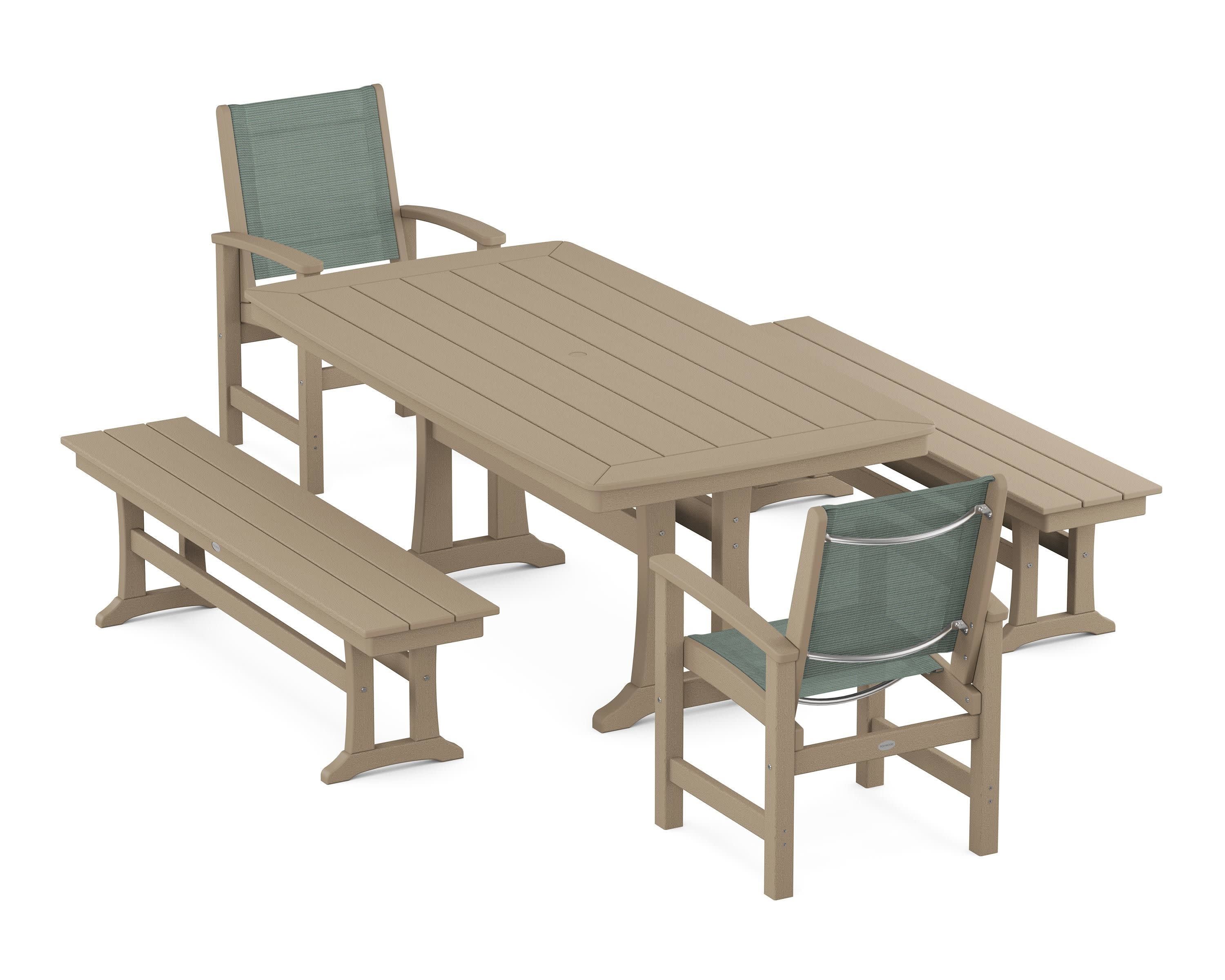 Coastal 5-Piece Dining Set with Trestle Legs and Benches in Vintage Sahara / Dupioni Sea Mist Sling
