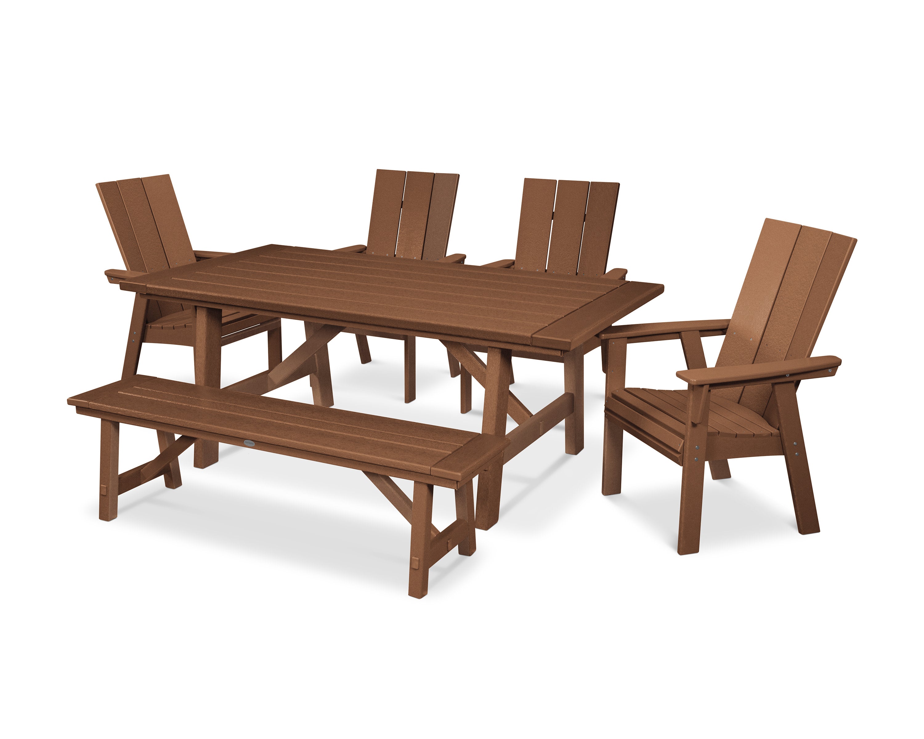 Modern Curveback Adirondack 6-Piece Rustic Farmhouse Dining Set with Bench in Teak